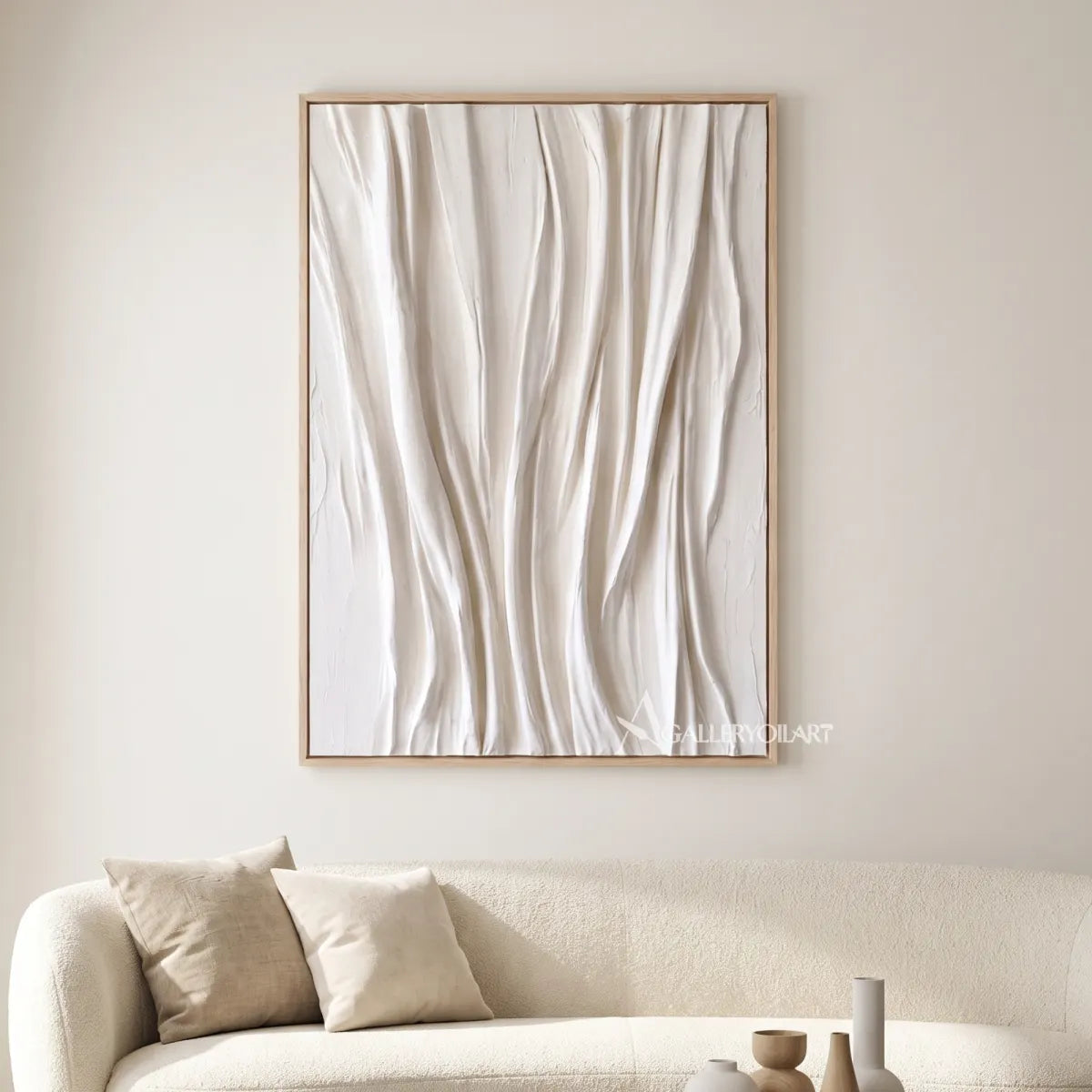 Textured 3D vertical draped rhythm in white relief in a minimalist living room