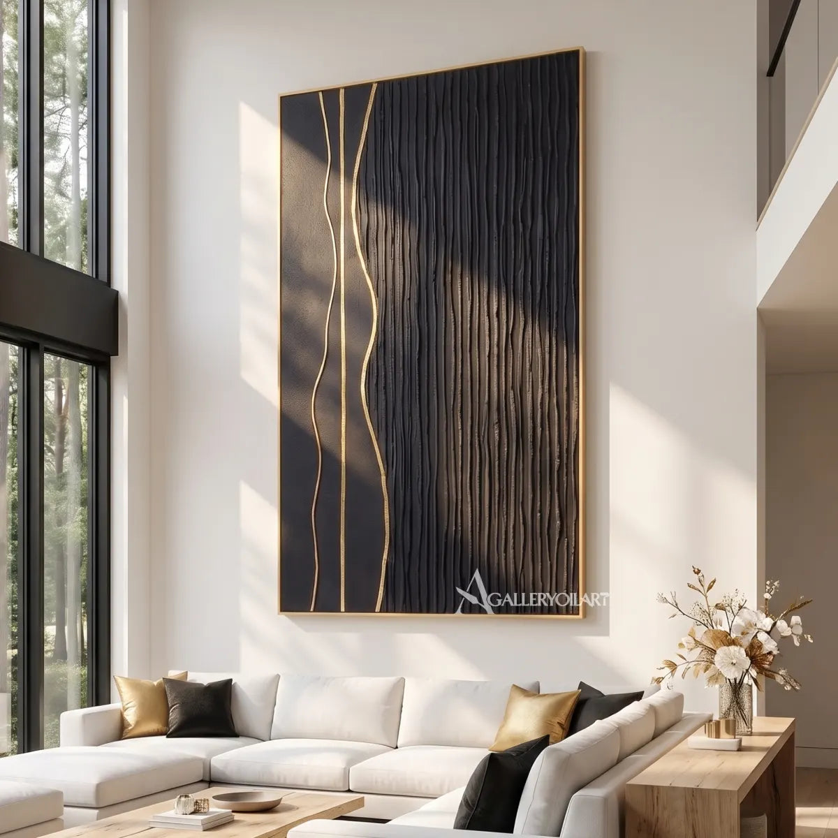 Textured 3D vertical ribbons in black and metallic neutral relief-in-living-room