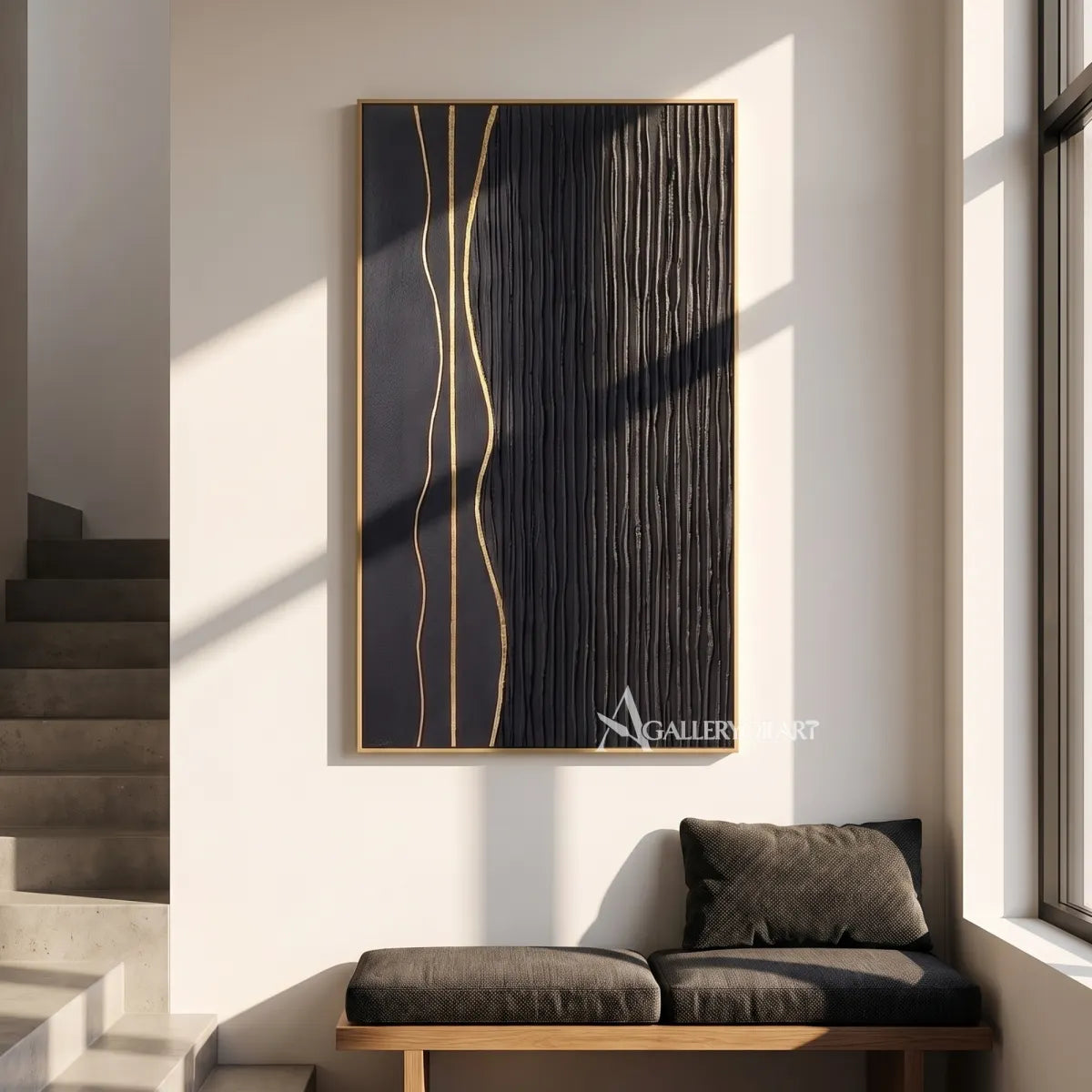 Textured 3D vertical ribbons in black and metallic neutral relief-in-minimalist-gallery