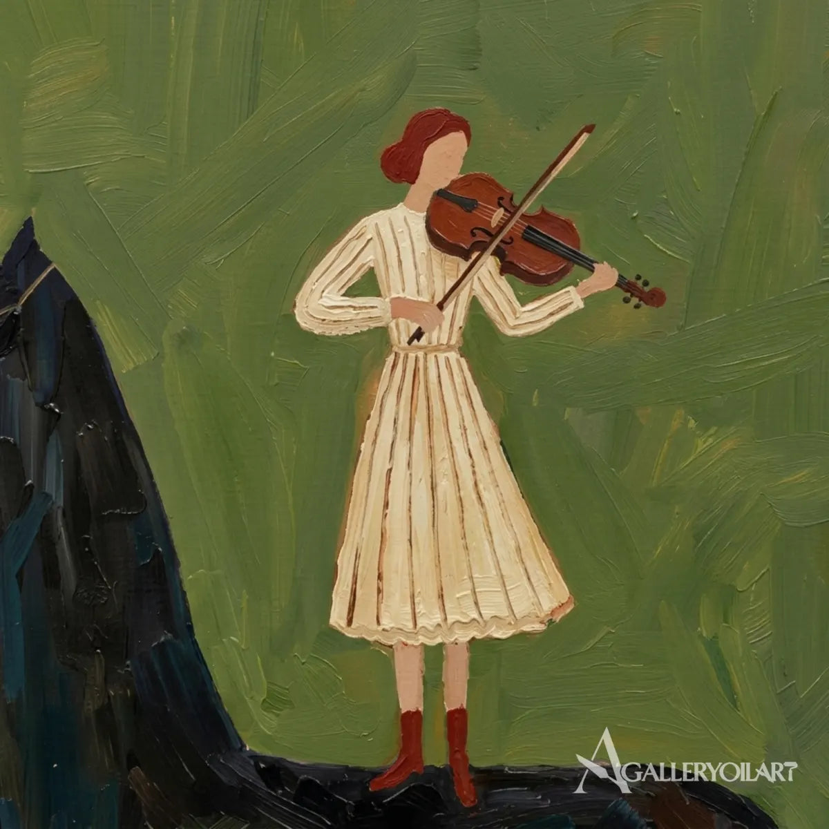 Close-view-of-woman-playing-violin-beside-a-black-horse