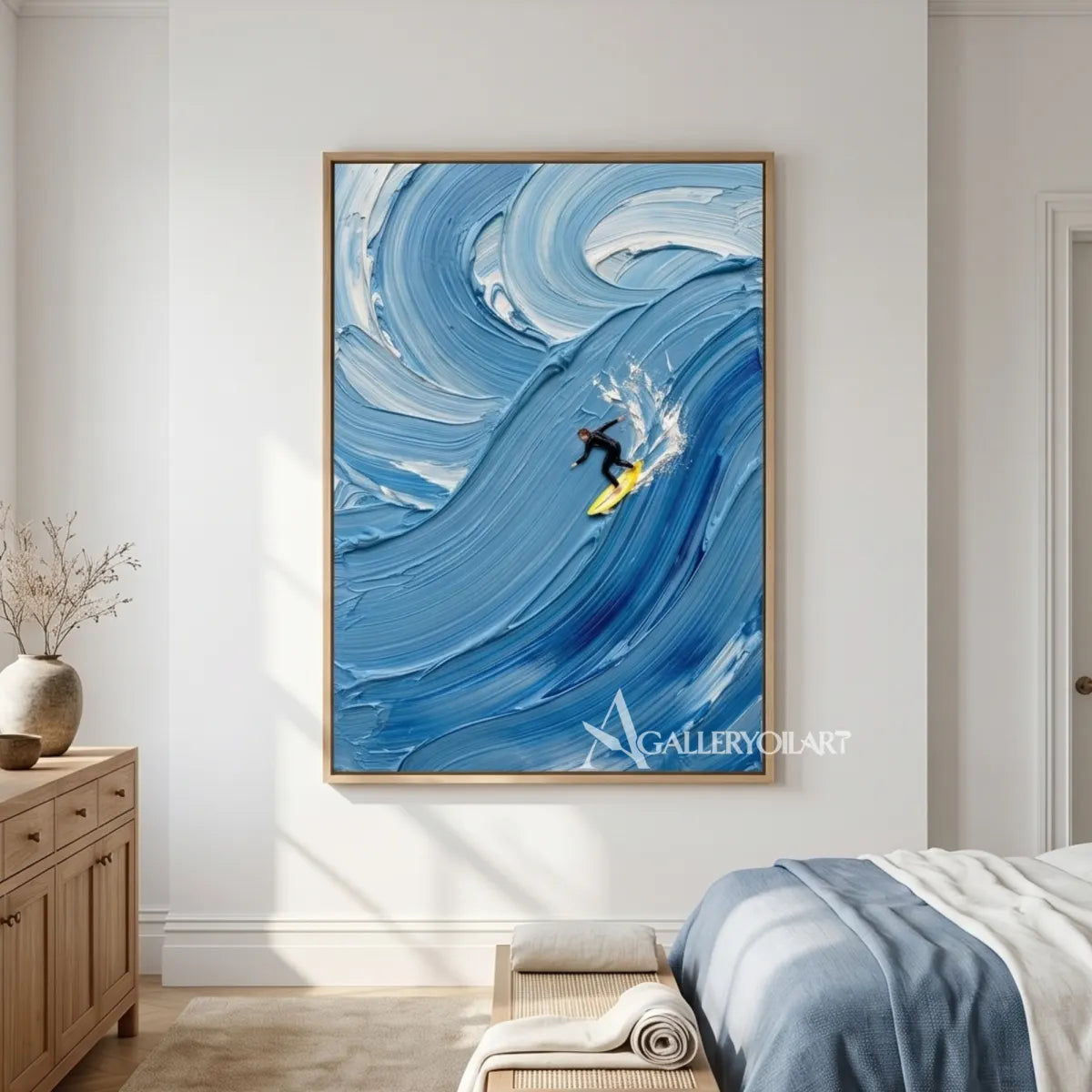 Wavebound-surfer-sea-beach-art-in-blue-in-a-bedroom