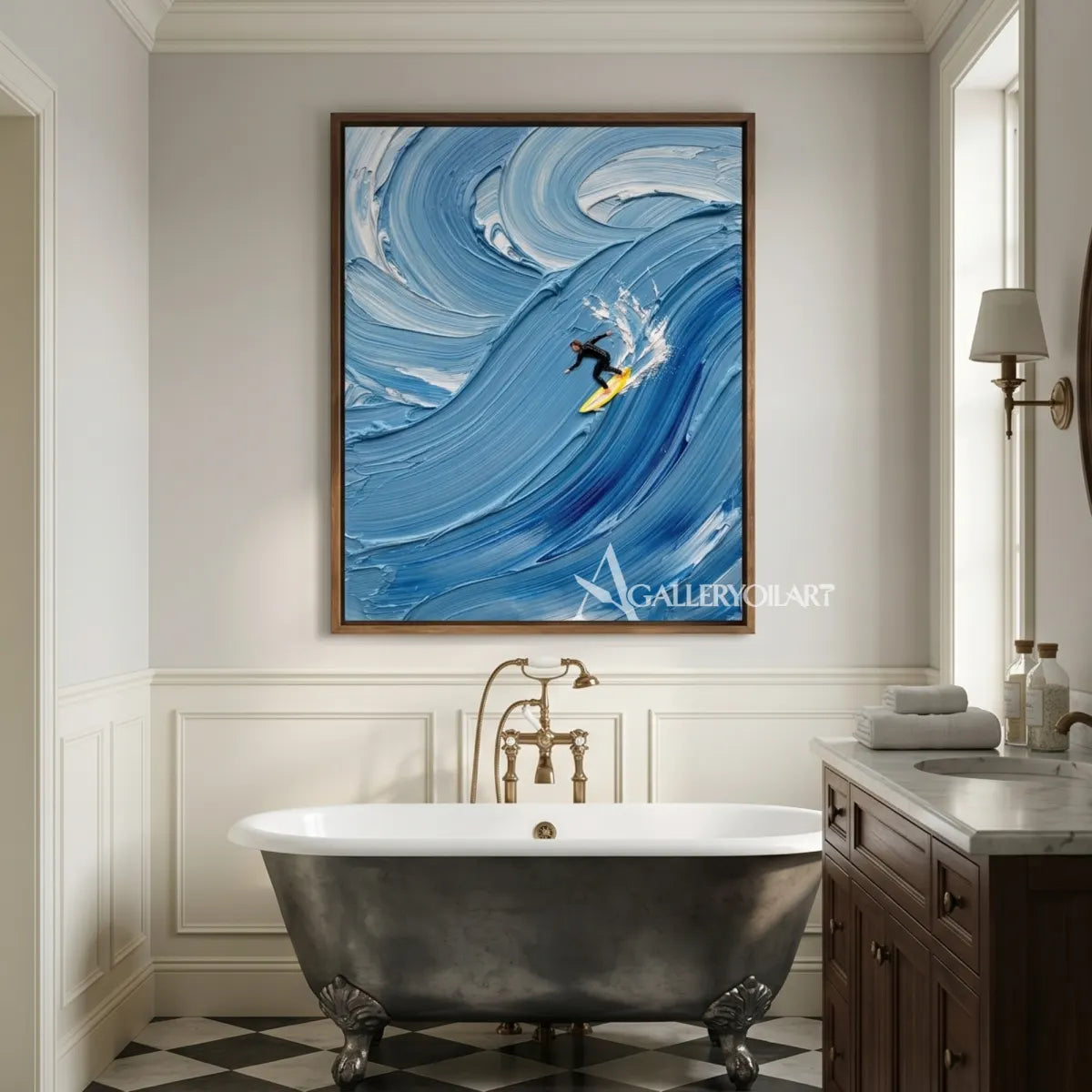 Wavebound-surfer-sea-beach-art-in-blue-in-a-hallway