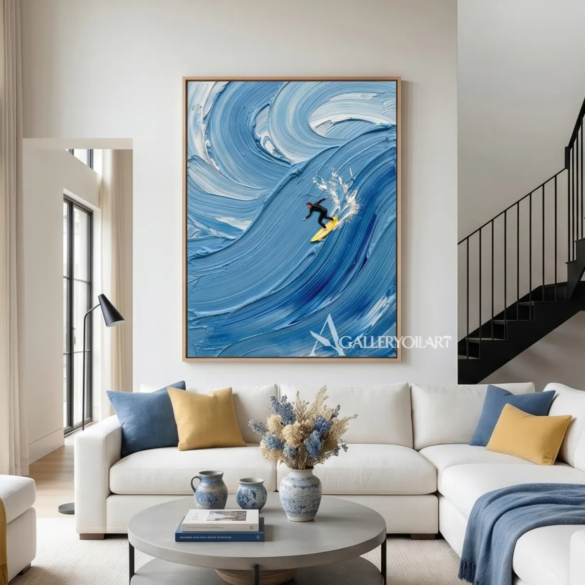 Wavebound-surfer-sea-beach-art-in-blue-in-a-studio