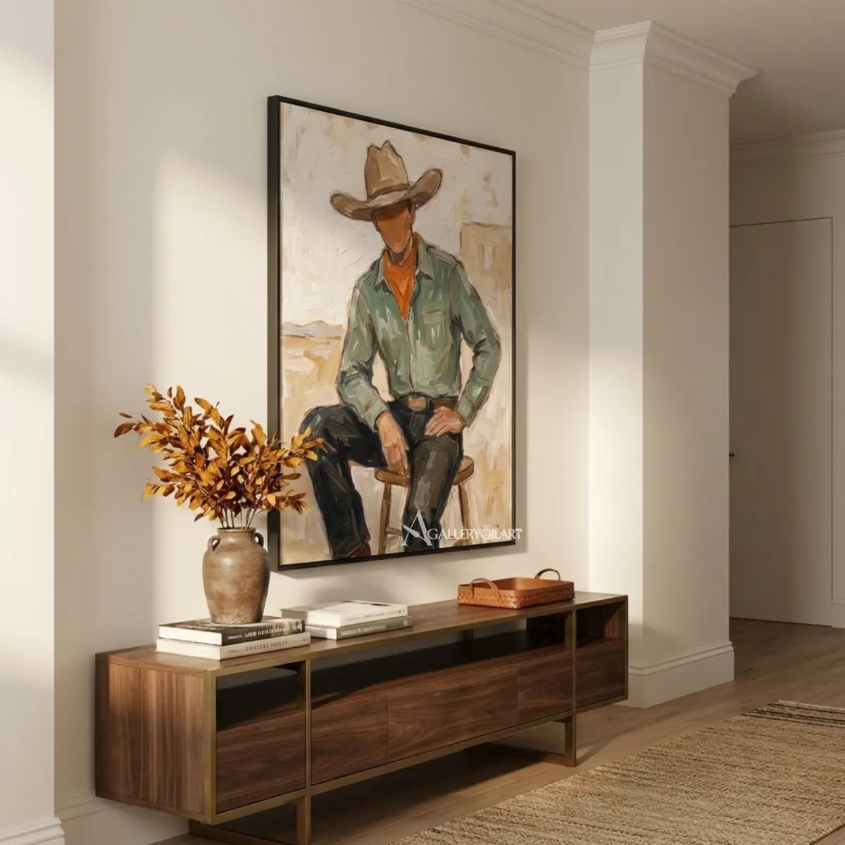 a-seated-cowboy-in-a-ranch-hat-western-cowboy-green-wall-art-in-a-gallery-interior