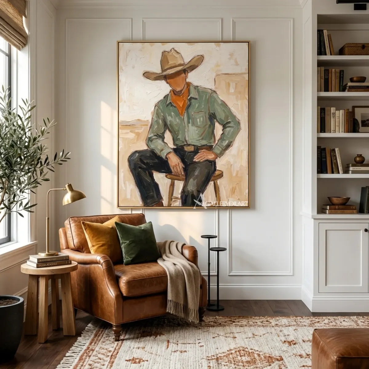 a-seated-cowboy-in-a-ranch-hat-western-cowboy-green-wall-art-in-a-gathering-room