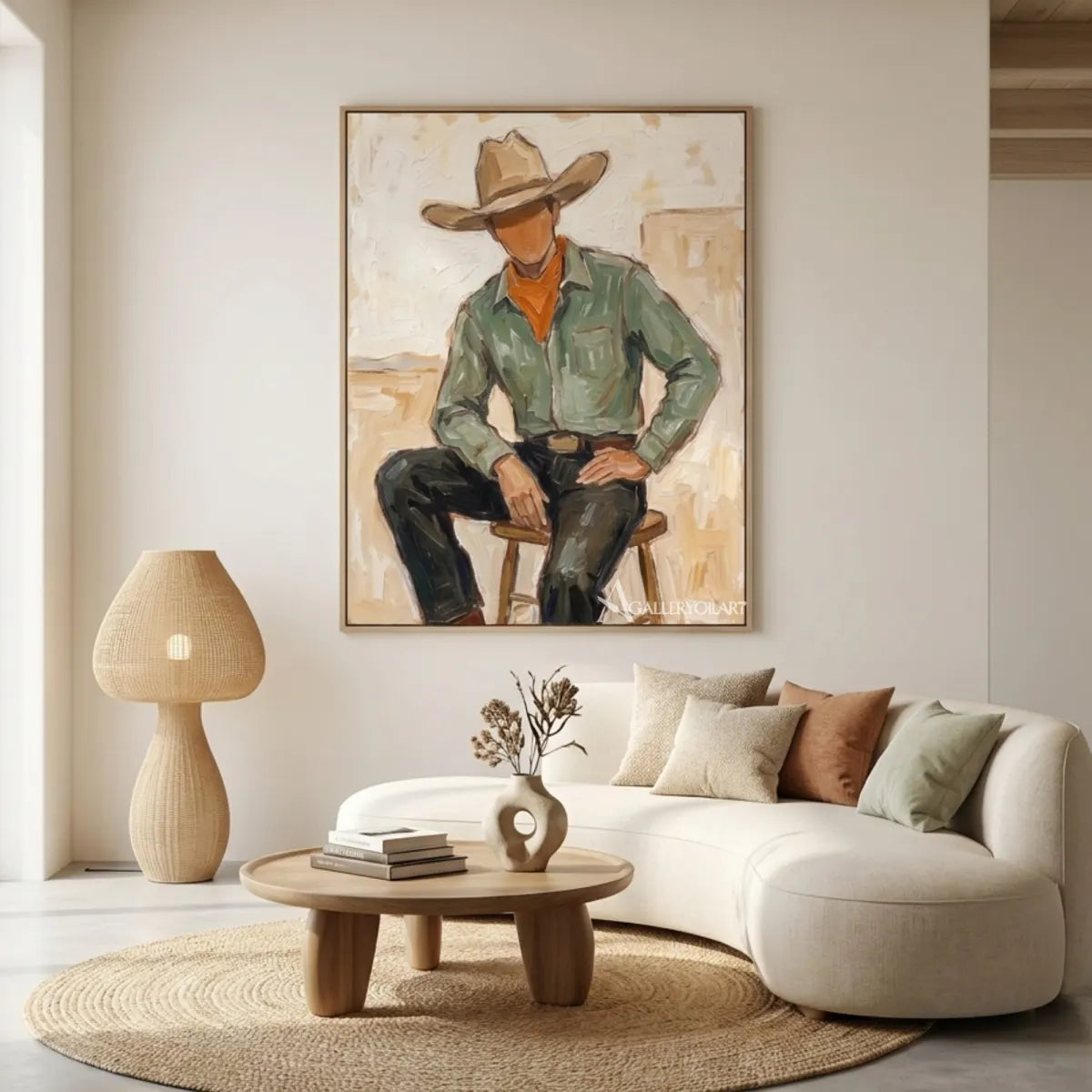 a-seated-cowboy-in-a-ranch-hat-western-cowboy-green-wall-art-in-a-living-room