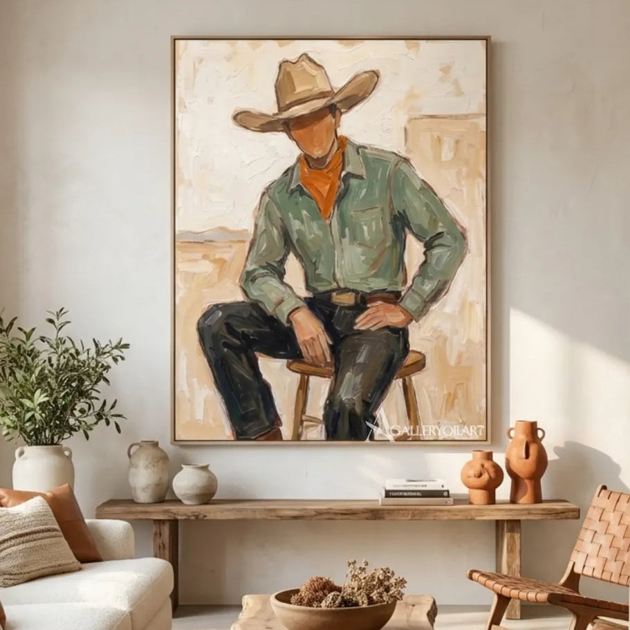 a-seated-cowboy-in-a-ranch-hat-western-cowboy-green-wall-art-in-a-reading-lounge