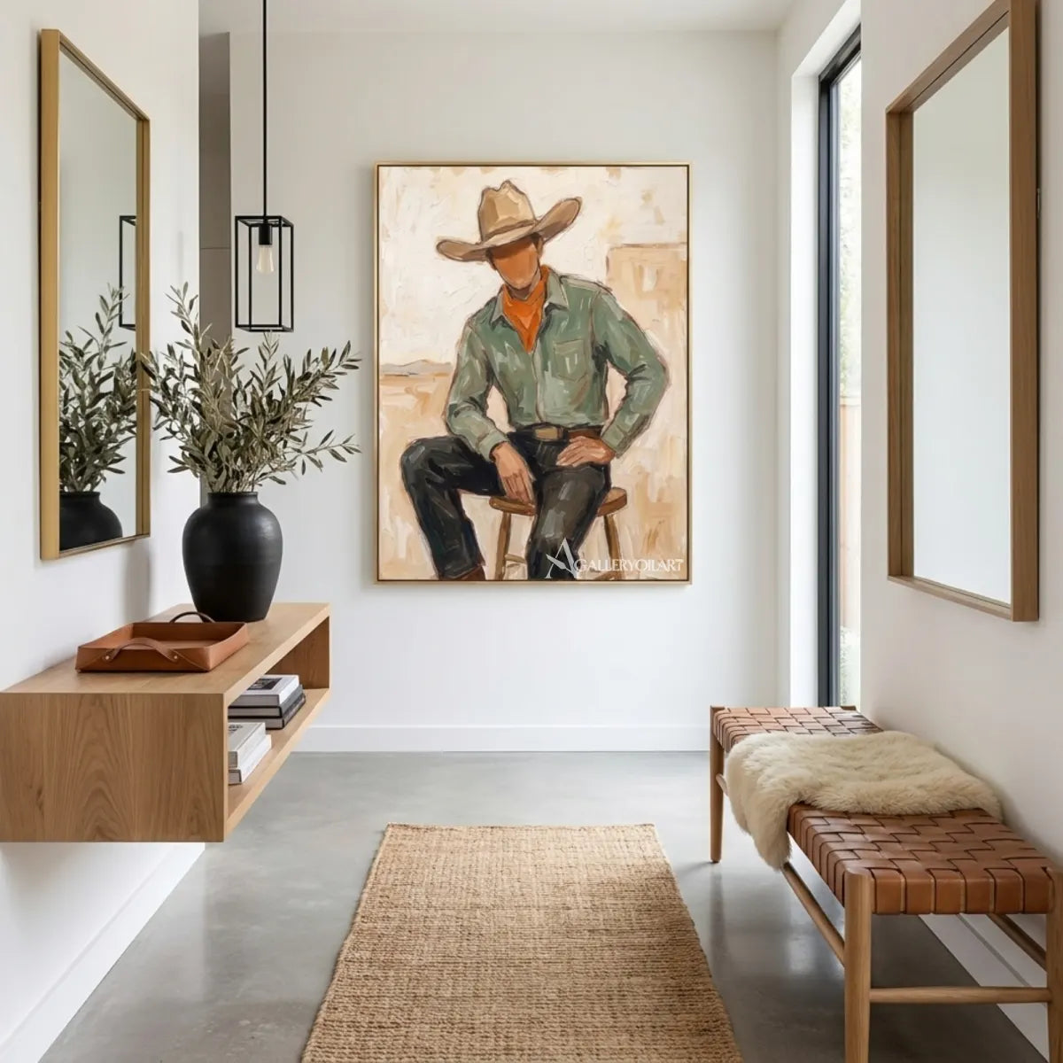 a-seated-cowboy-in-a-ranch-hat-western-cowboy-green-wall-art-in-a-transitional-hallway