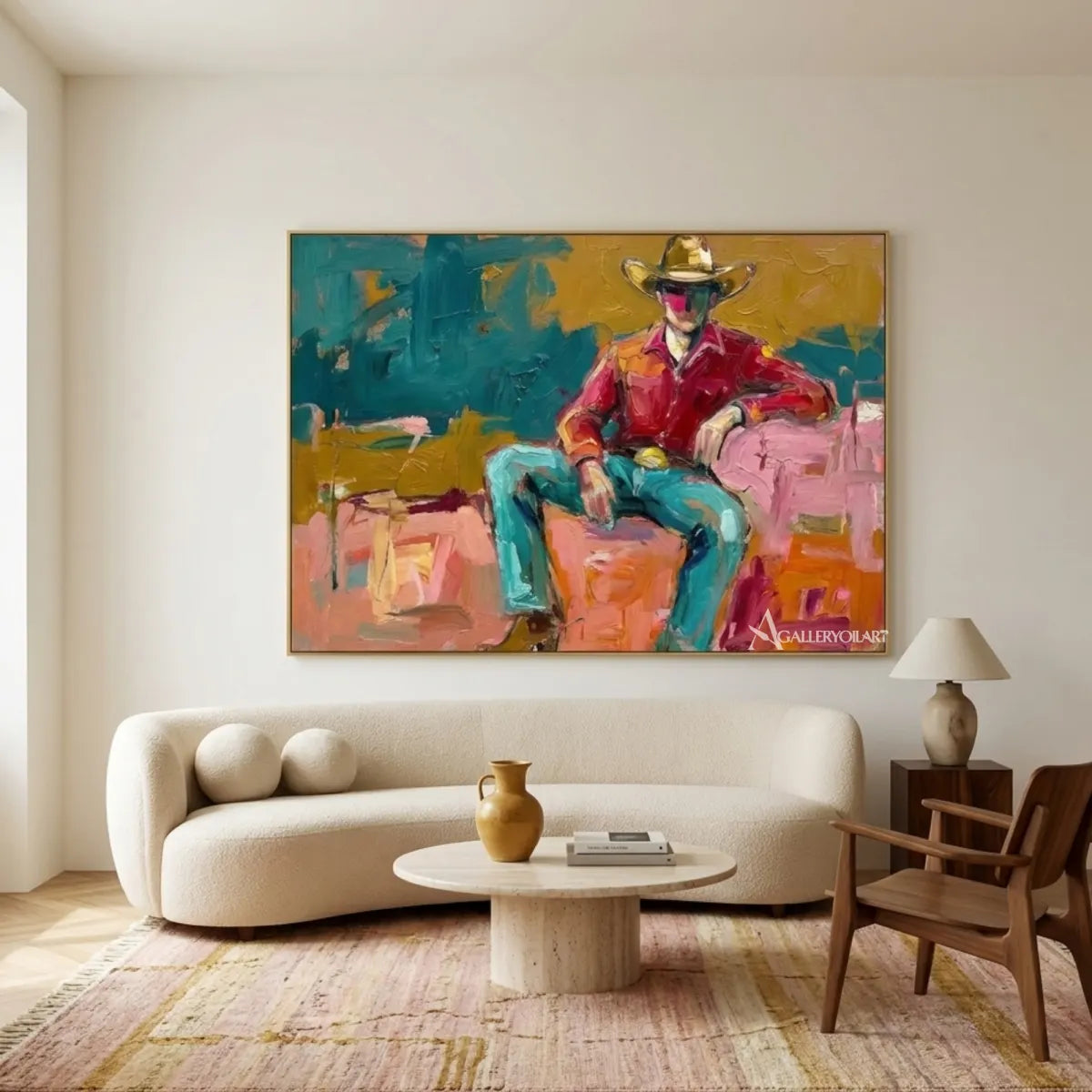 a-seated-cowboy-in-a-broad-brimmed-hat-western-cowboy-red-wall-art-in-a-gallery-interior