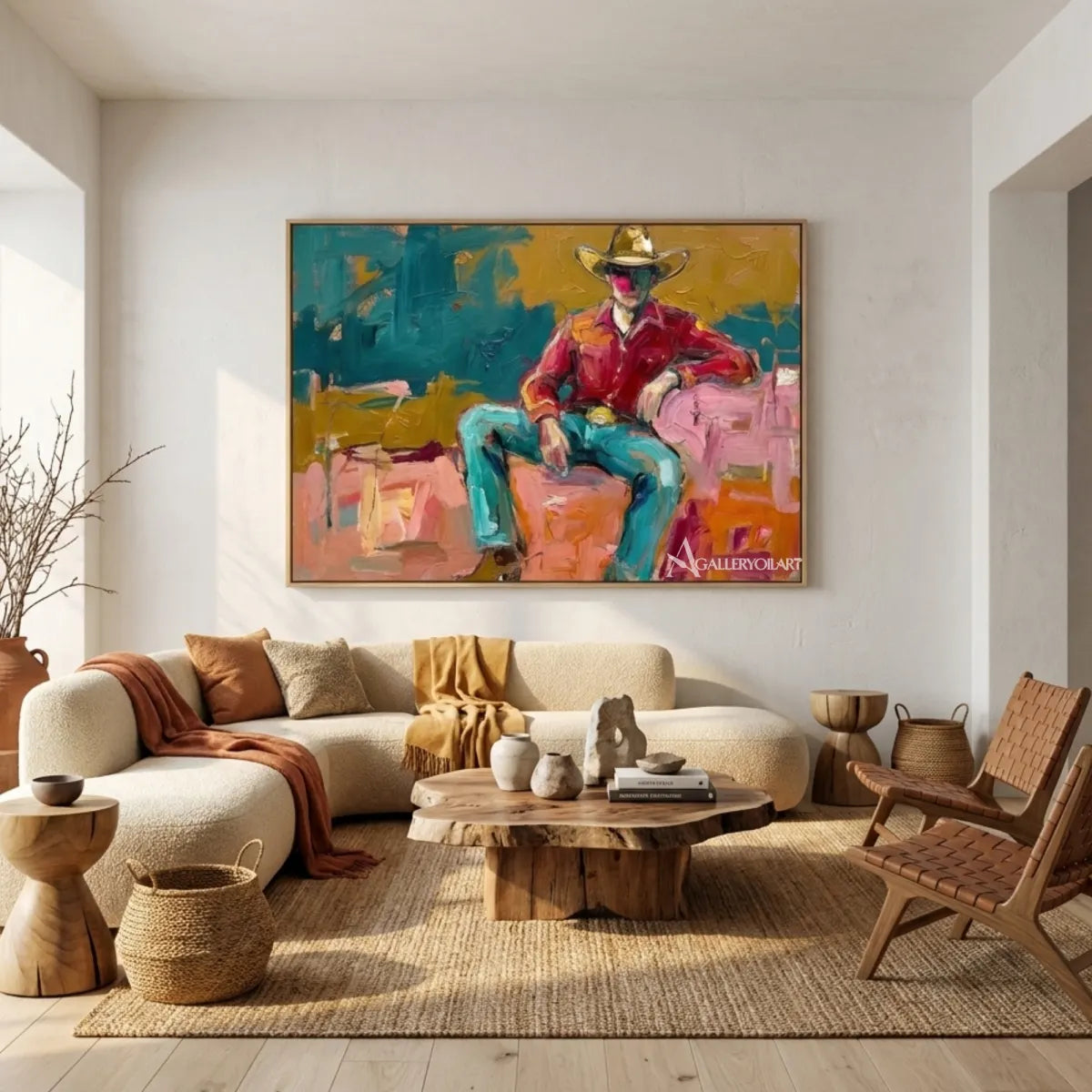 a-seated-cowboy-in-a-broad-brimmed-hat-western-cowboy-red-wall-art-in-a-reading-lounge