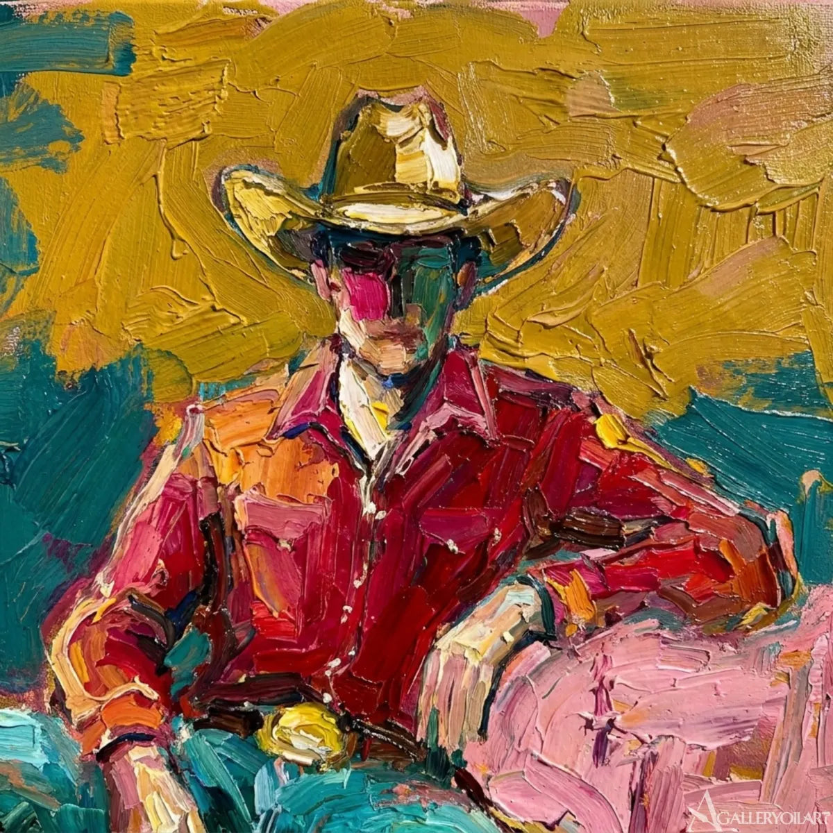 a-seated-cowboy-in-a-broad-brimmed-hat-western-cowboy-red-wall-art-in-a-transitional-hallway