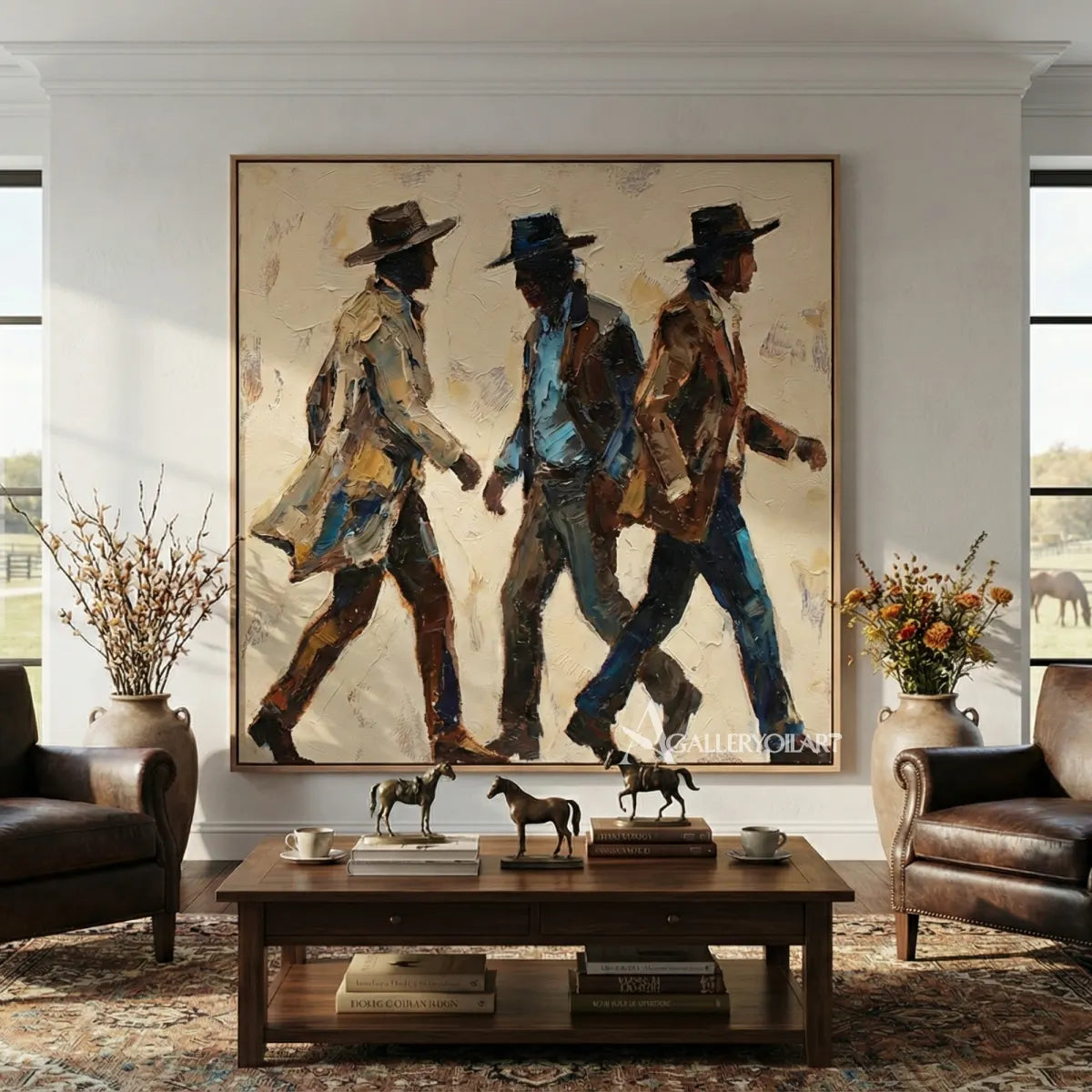 Western-cowboy-walking-trio-brown-wall-art-wide-view