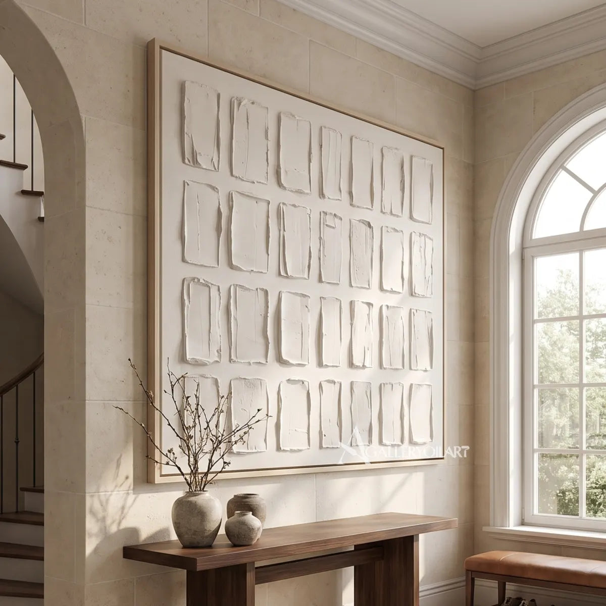 Textured-3D-white-rectangular-grid-relief-painting-above-a-wood-console