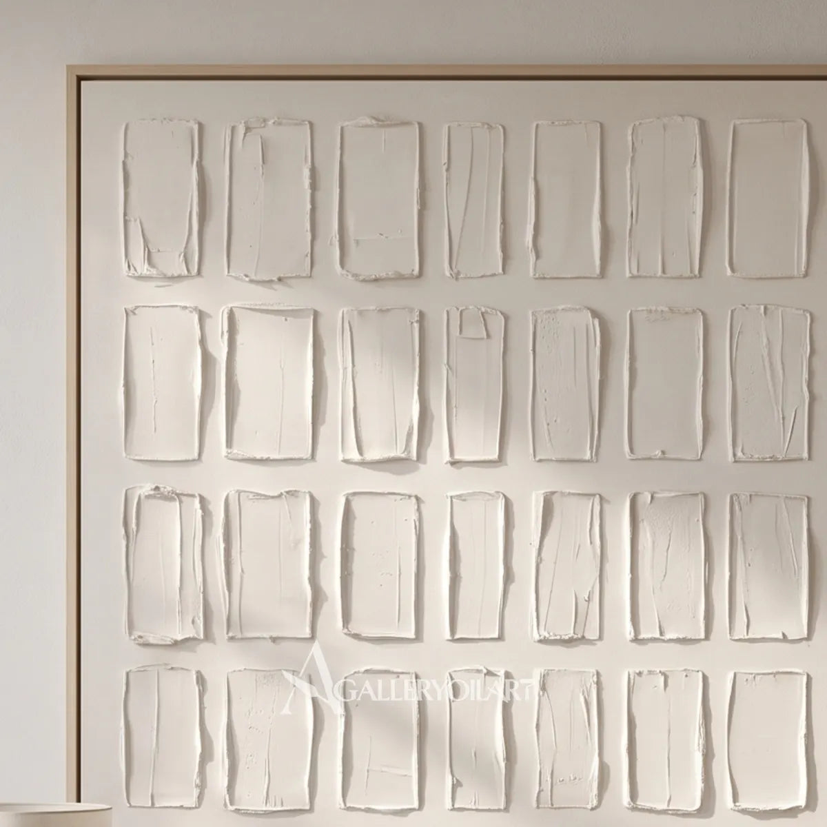 Close-up-of-textured-3D-white-rectangular-grid-relief-wall-art