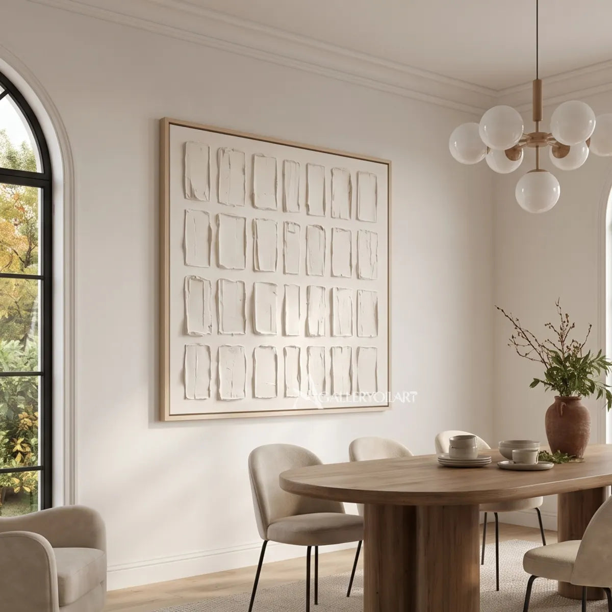 Textured-3D-white-rectangular-grid-relief-painting-in-a-round-table-dining-room