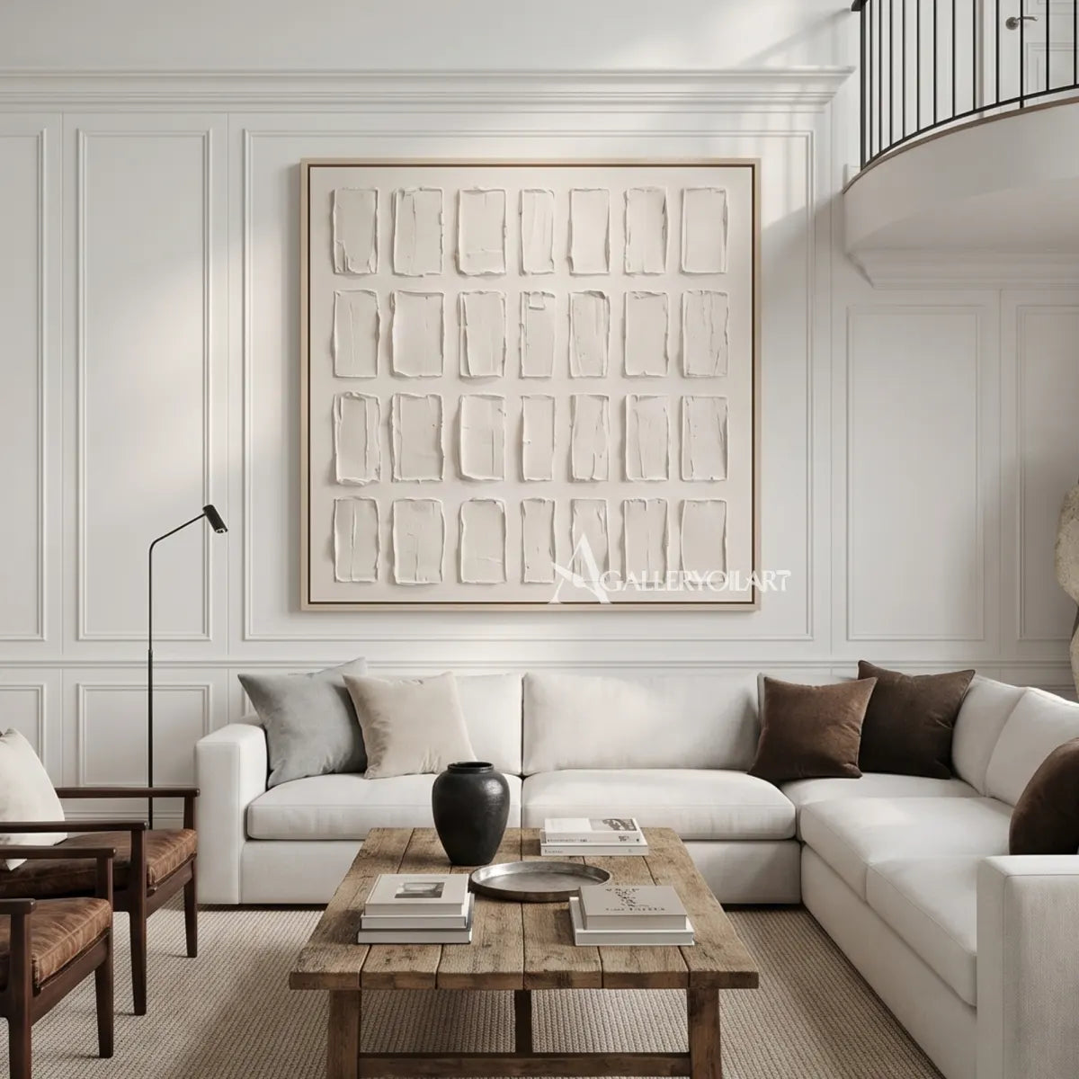 Textured-3D-white-rectangular-grid-relief-painting-in-a-classic-living-room