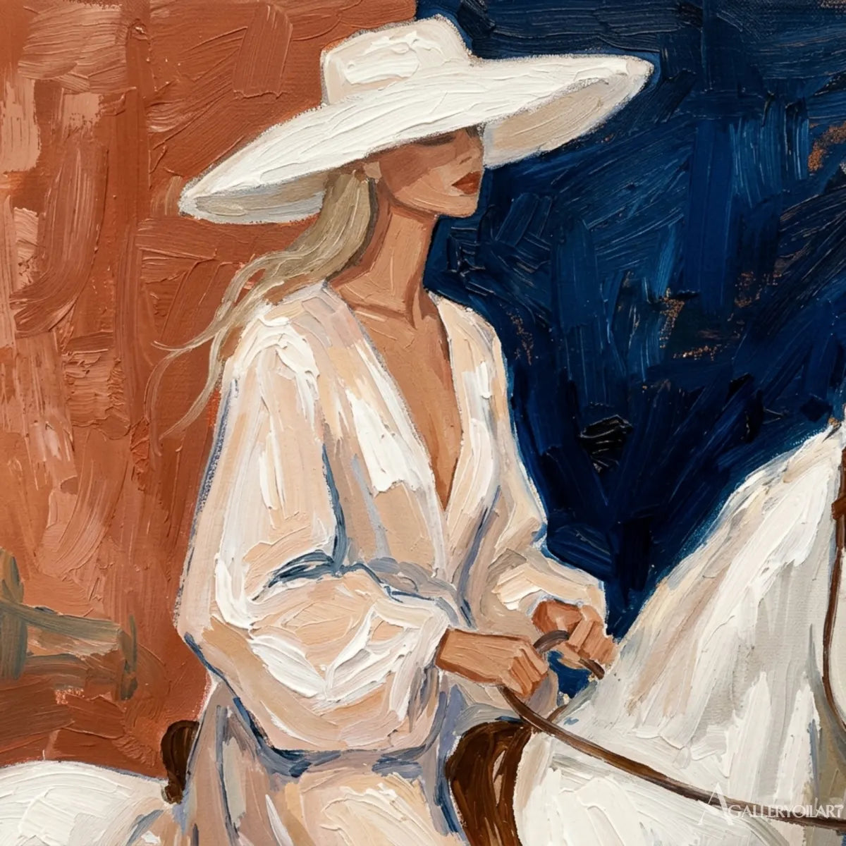Close-up-of-wide-brimmed-rider-and-white-horse-brushstrokes-in-portrait-art-with-navy-and-rust-paint