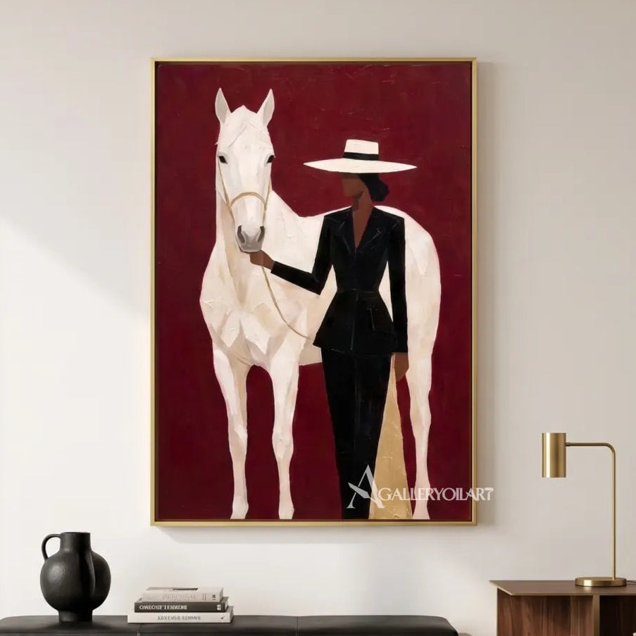 Woman-in-black-and-white-broad-brimmed-hat-with-white-horse-against-burgundy-ground-in-minimalist-interior