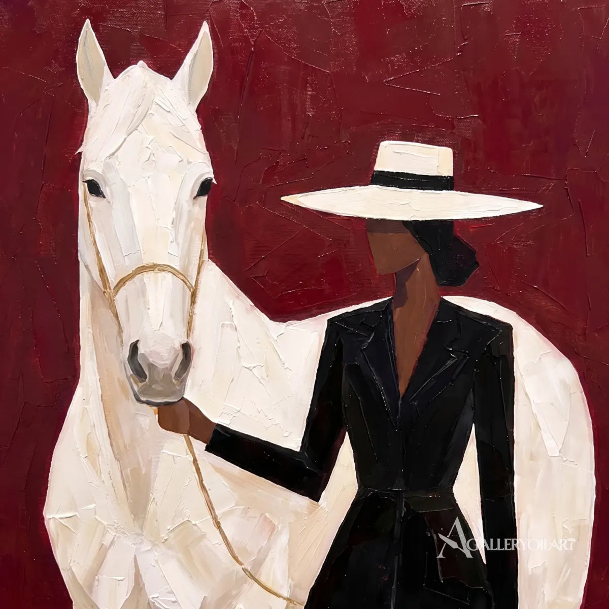 Woman-in-black-and-white-broad-brimmed-hat-with-white-horse-against-burgundy-ground-in-close-painted-detail