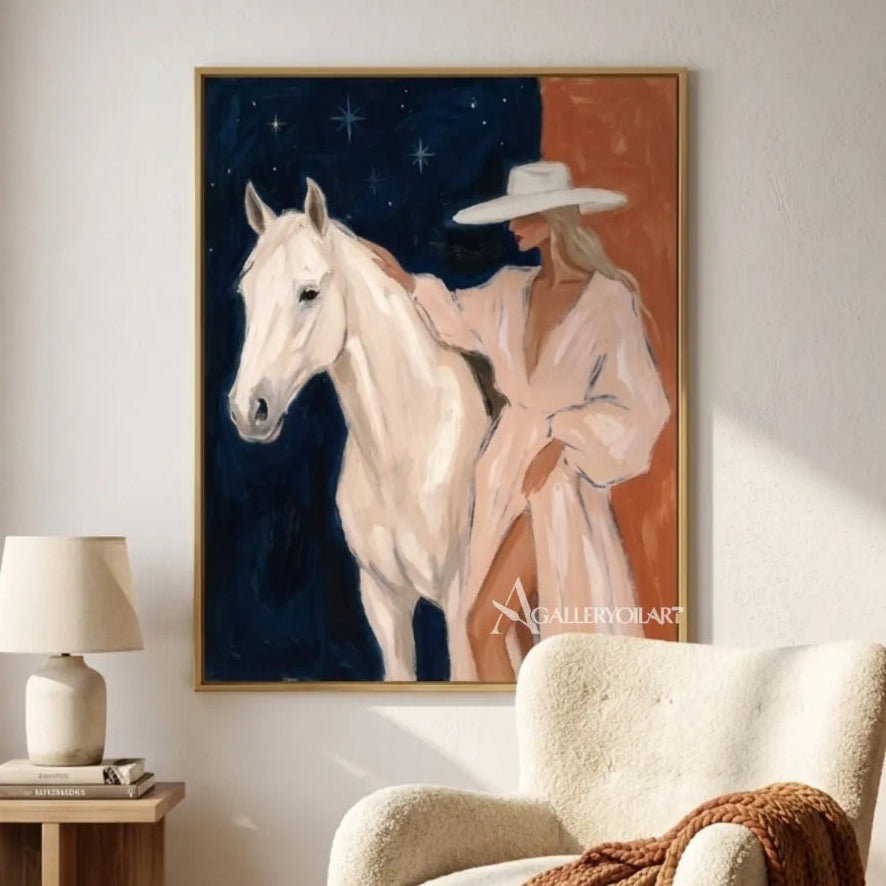 Woman-in-a-white-hat-beside-a-white-horse-against-a-deep-blue-starry-ground-in-gallery-room