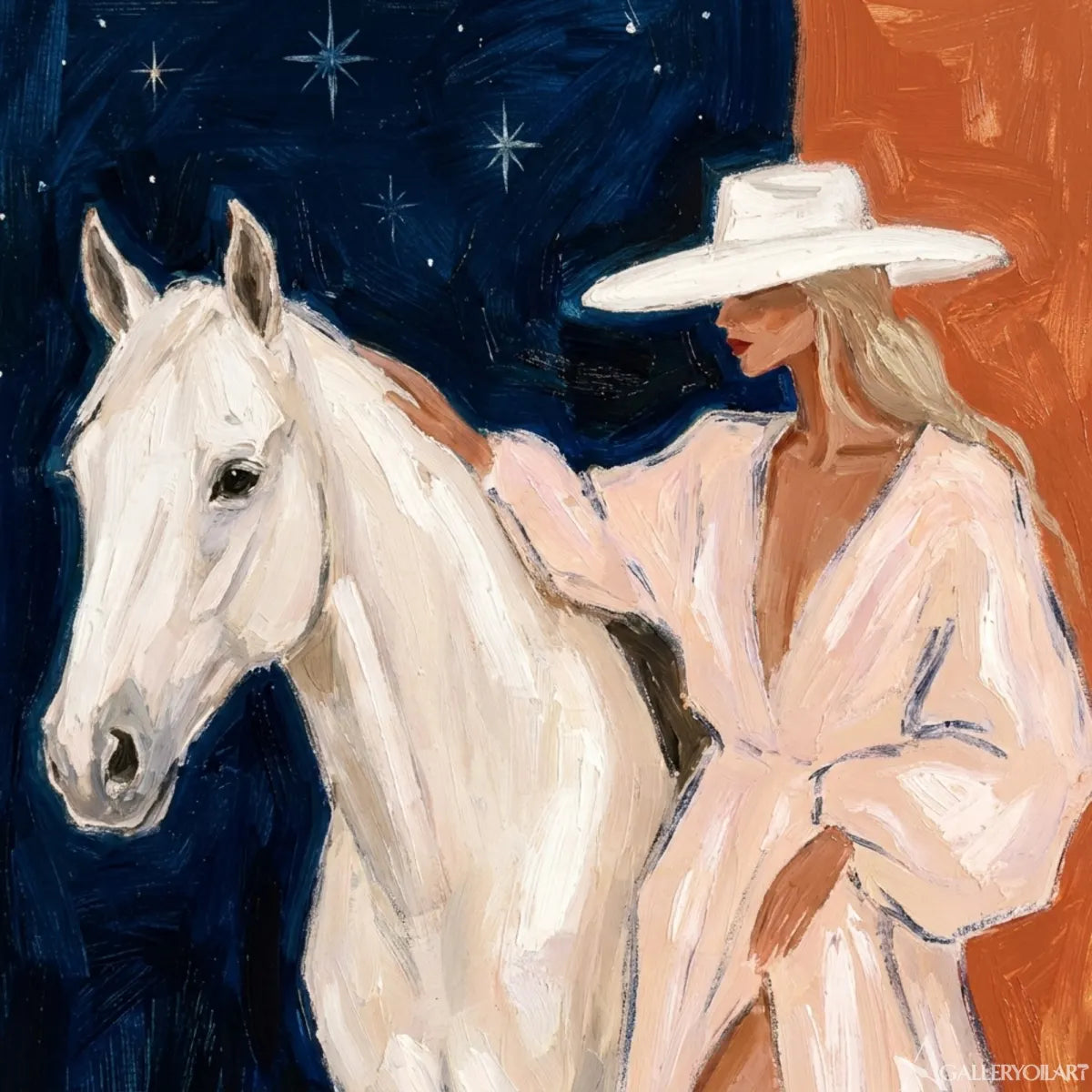 Woman-in-a-white-hat-beside-a-white-horse-against-a-deep-blue-starry-ground-in-painted-detail