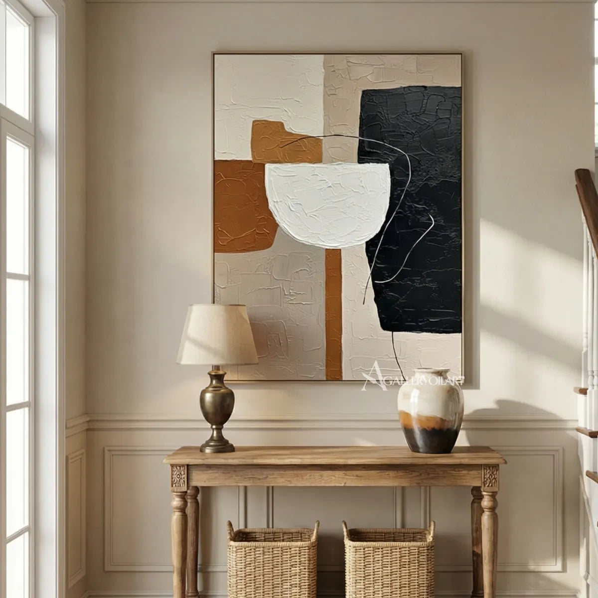 abstract-art-white-vessel-form-centered-over-a-black-field-in-a-neutral-room