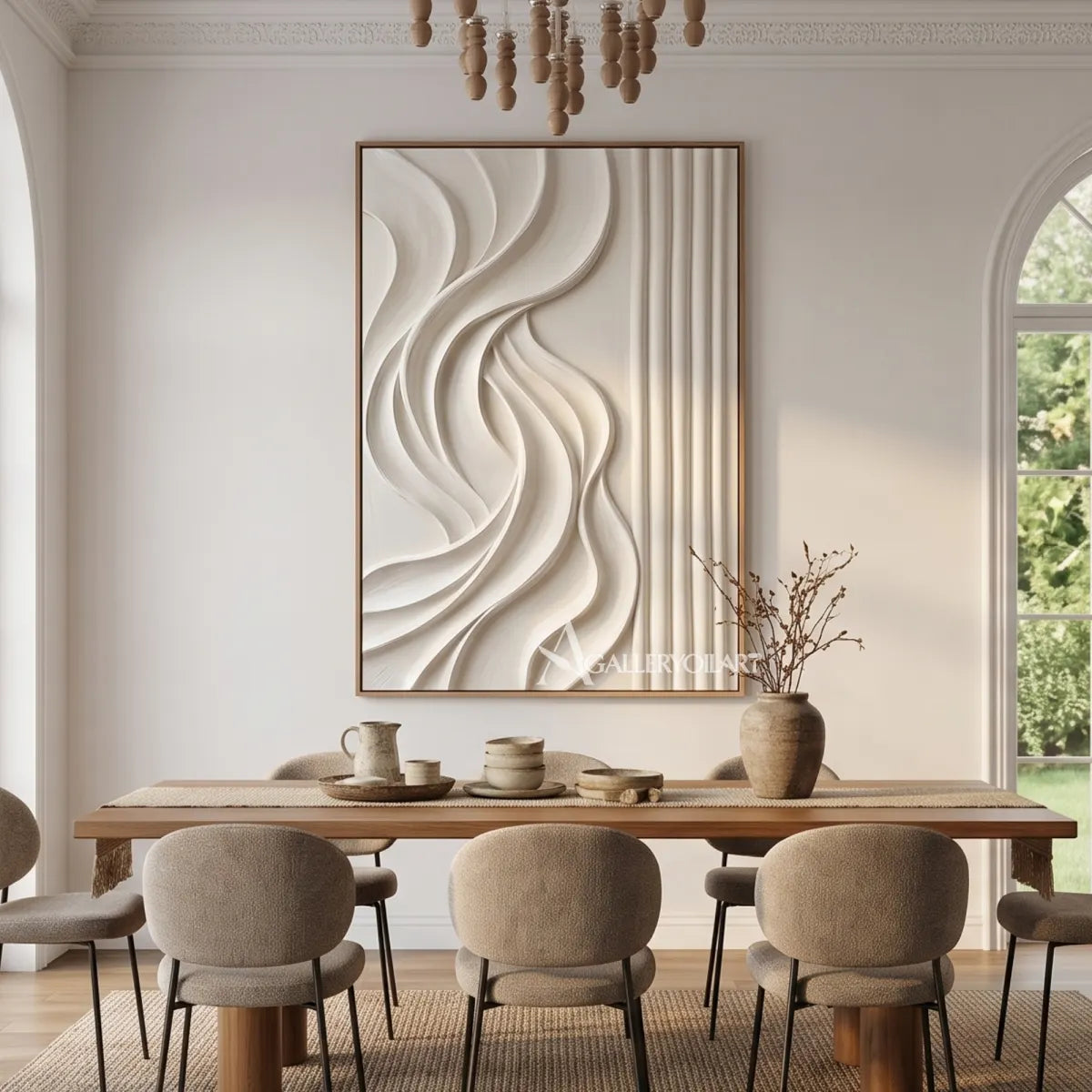 Textured-3D-white-flowing-wave-relief-painting-in-a-dining-room