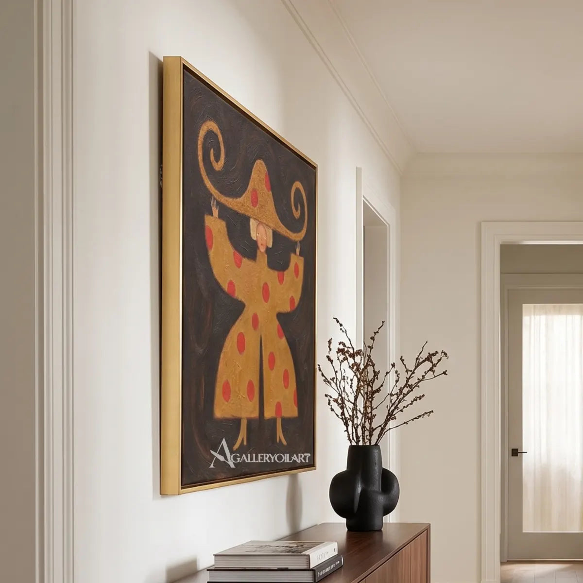 folk-art-wide-brimmed-dancer-in-ochre-seen-at-an-angle-in-a-hallway