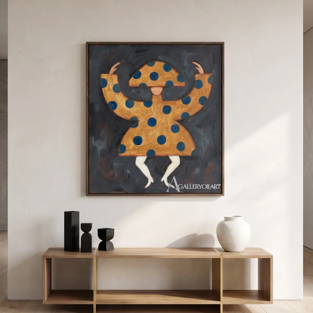 folk-art-wide-brim-figure-against-navy-displayed-over-an-entryway-console