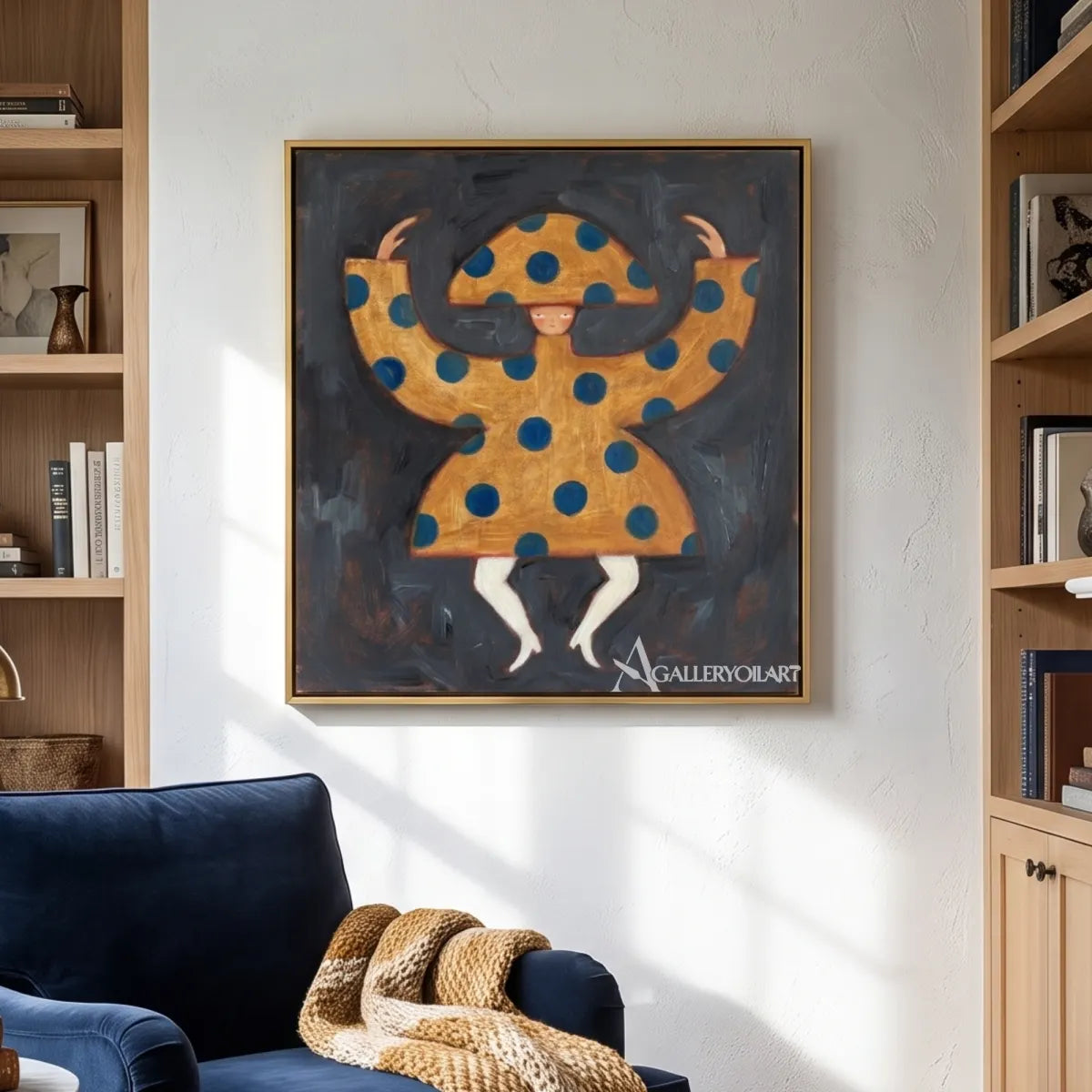 folk-art-figure-in-a-wide-dark-brim-with-ochre-accents-in-a-library-sitting-area