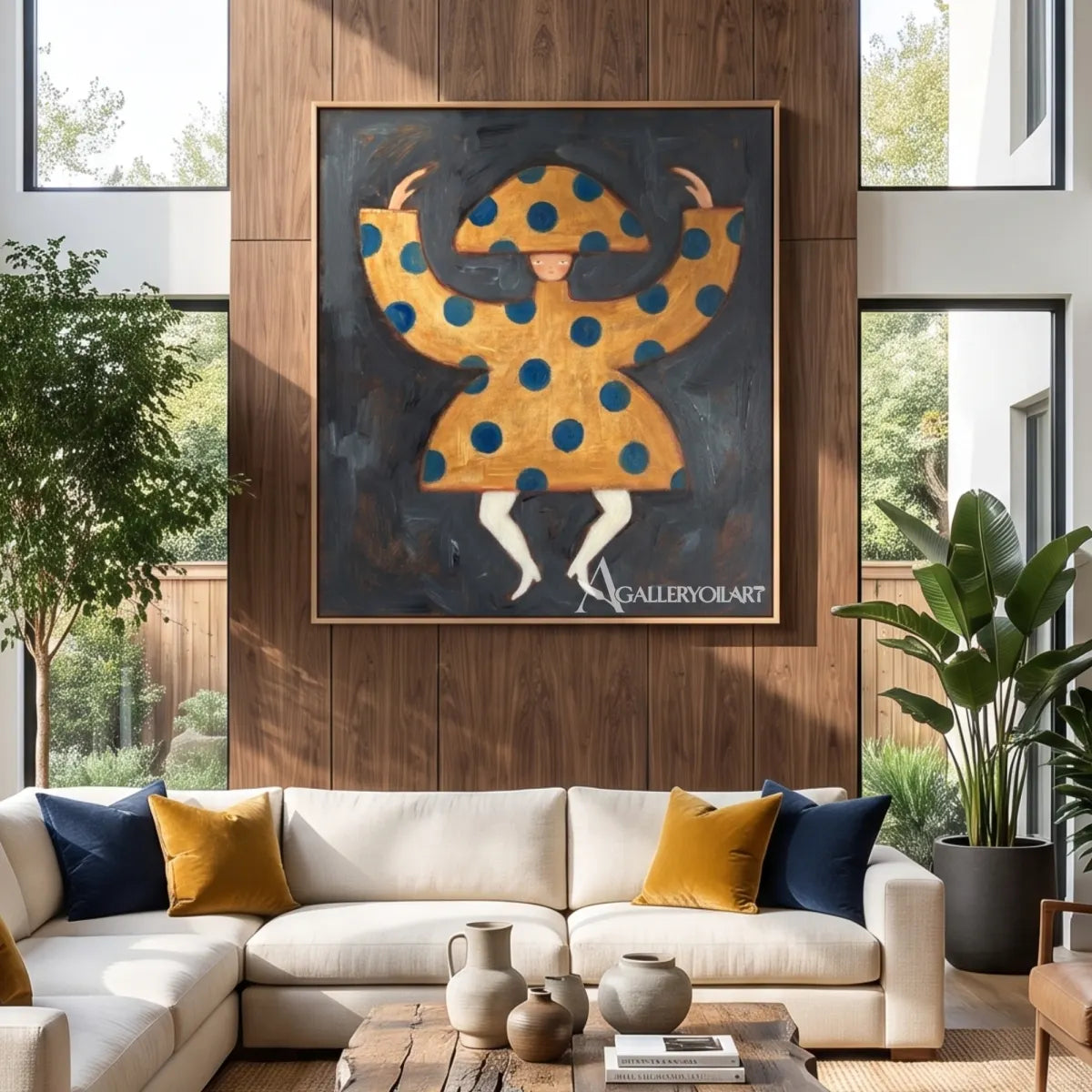 folk-art-wide-brim-figure-in-navy-and-ochre-above-seating-in-a-sunlit-room
