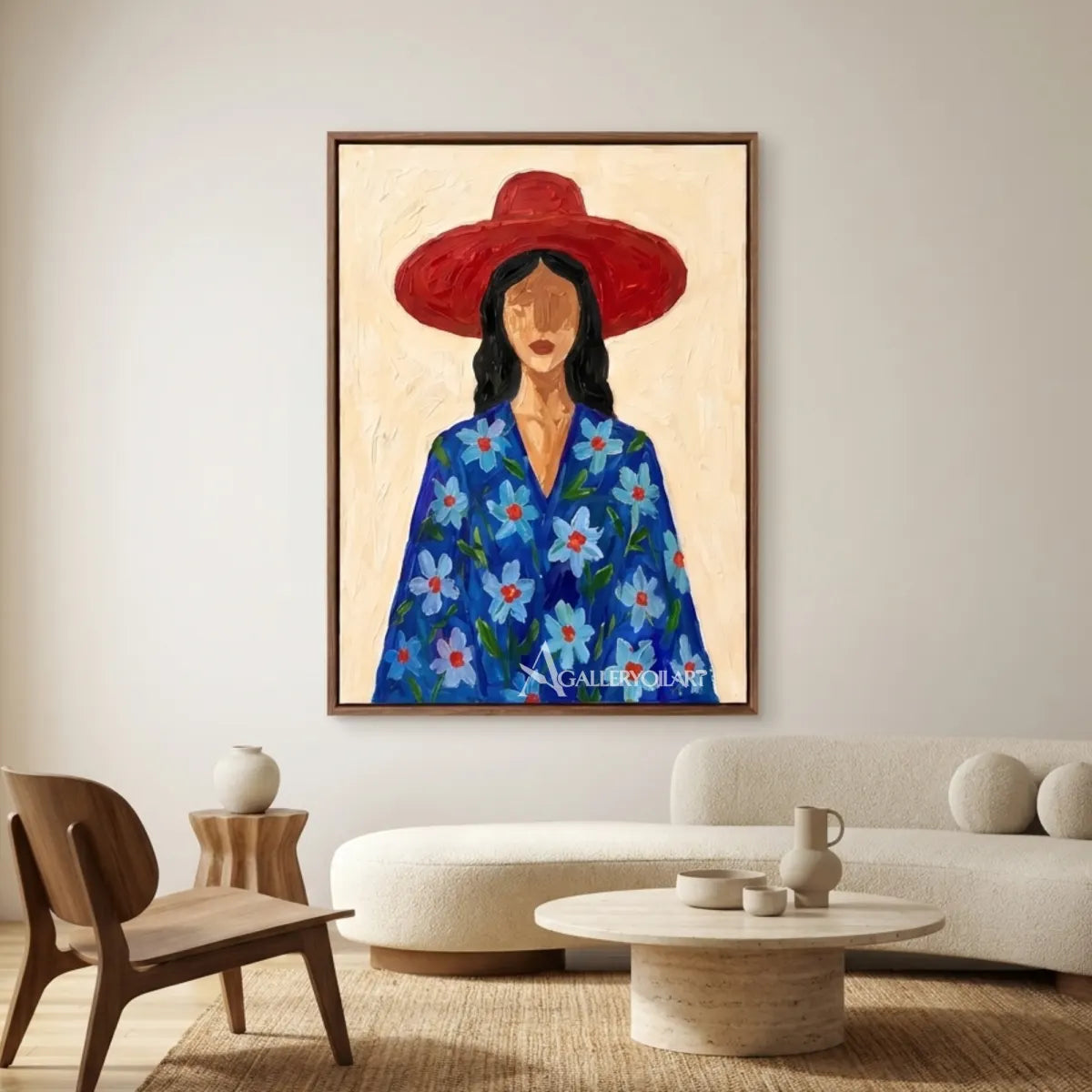 Textured-3D-art-of-a-woman-in-a-wide-brim-hat-and-blue-floral-coat-displayed-in-a-gallery