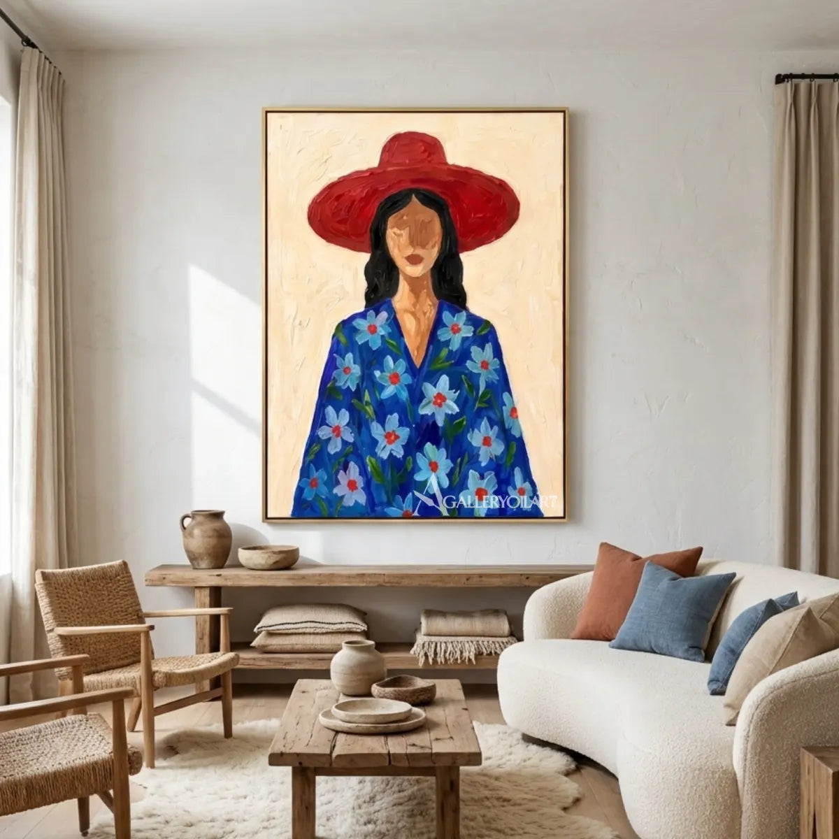 Textured-3D-art-of-a-woman-in-a-wide-brim-hat-and-blue-floral-coat-in-a-gathering-room