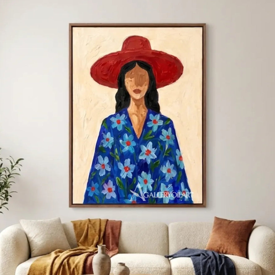 Textured-3D-art-of-a-woman-in-a-wide-brim-hat-and-blue-floral-coat-in-a-living-room