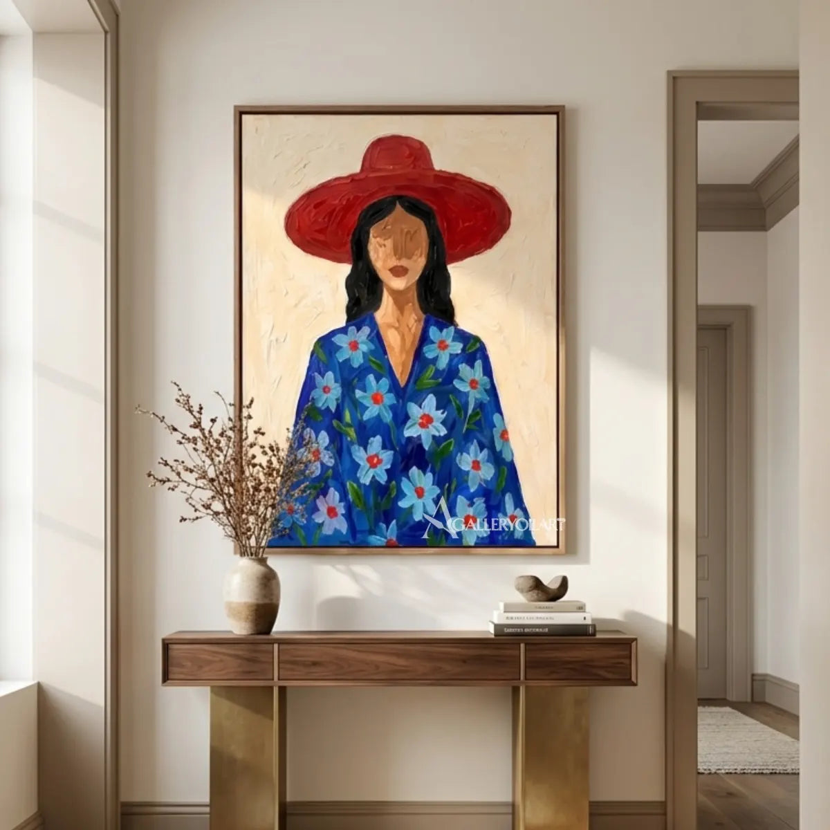 Textured-3D-art-of-a-woman-in-a-wide-brim-hat-and-blue-floral-coat-in-a-transitional-room