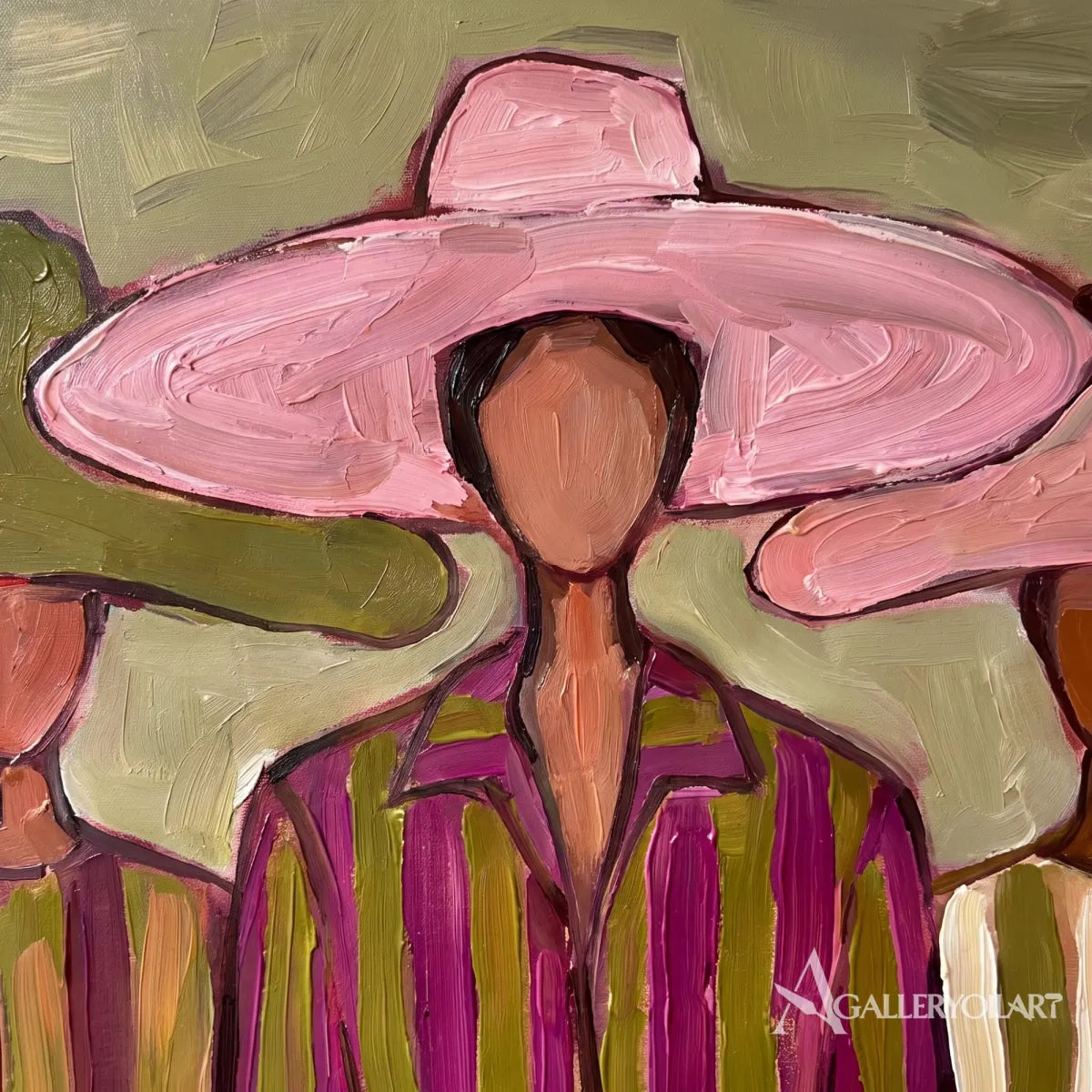 close-up-of-two-stylized-women-under-broad-pink-brims-with-olive-and-rose-brushstrokes