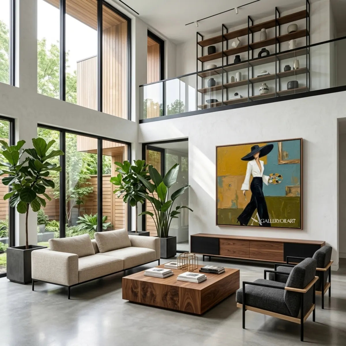 Woman-in-a-wide-brimmed-hat-portrait-art-in-a-contemporary-living-room-with-yellow-and-turquoise