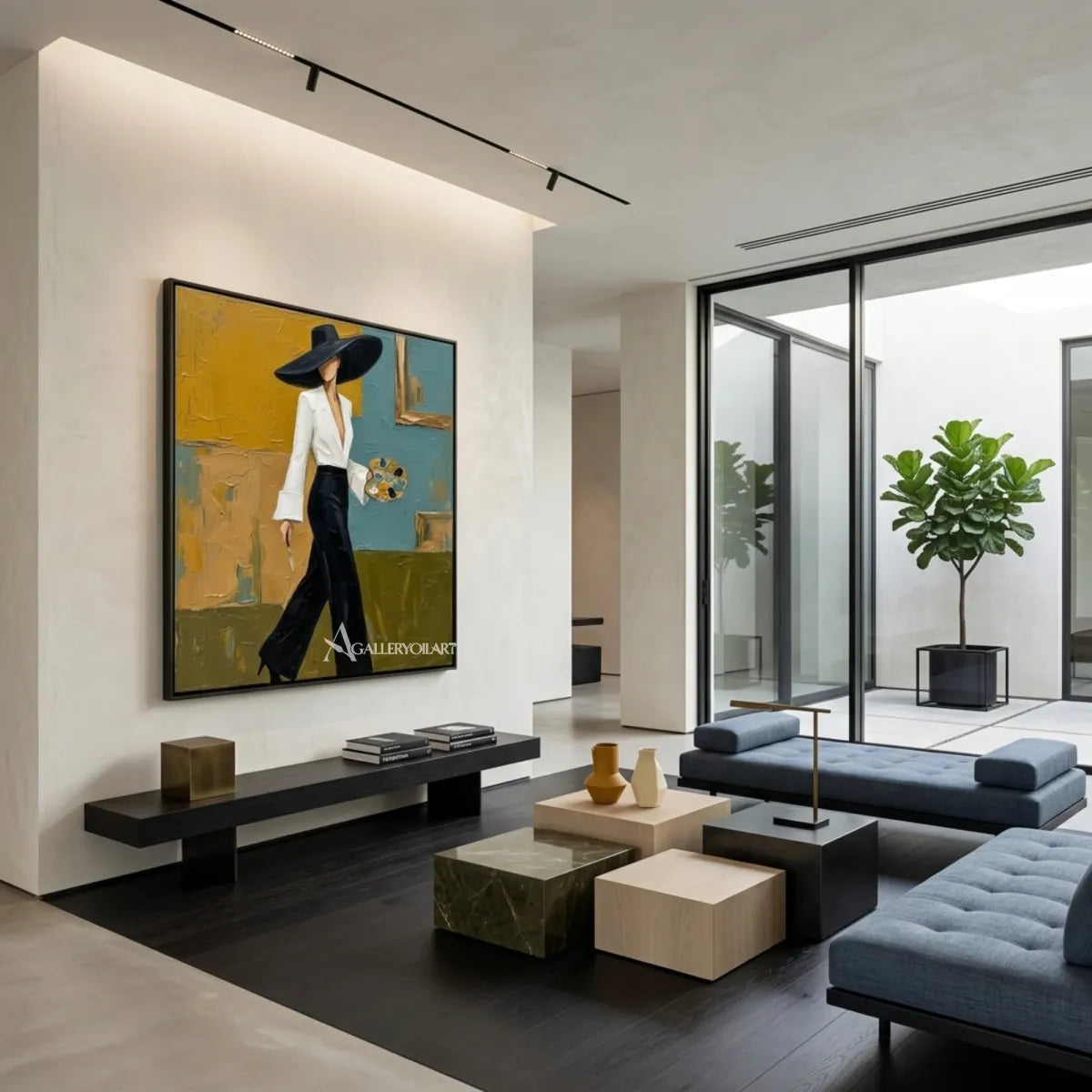 Woman-in-a-wide-brimmed-hat-portrait-art-in-a-minimalist-interior-with-yellow-and-black