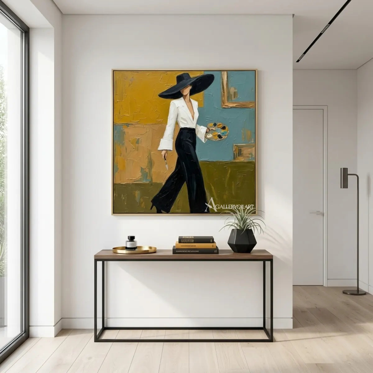 Woman-in-a-wide-brimmed-hat-portrait-art-displayed-in-a-modern-entryway-with-yellow-and-turquoise