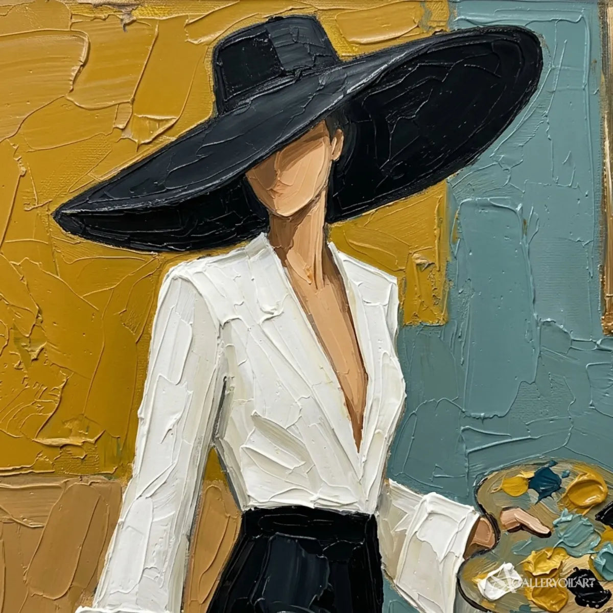 Close-up-of-wide-brimmed-figure-and-brushstrokes-in-portrait-art-with-yellow-and-turquoise-paint