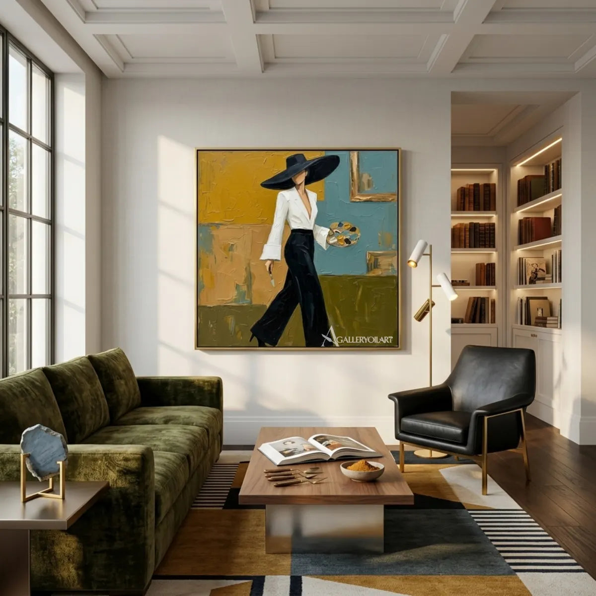 Woman-in-a-wide-brimmed-hat-portrait-art-in-a-private-reading-lounge-with-yellow-and-warm-neutral-tones
