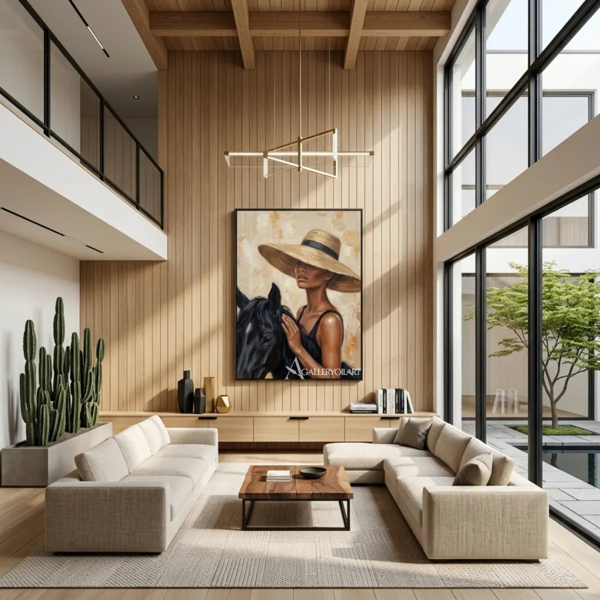 Woman-in-a-wide-brimmed-hat-with-a-black-horse-portrait-art-in-a-double-height-living-room-with-brown-and-cream