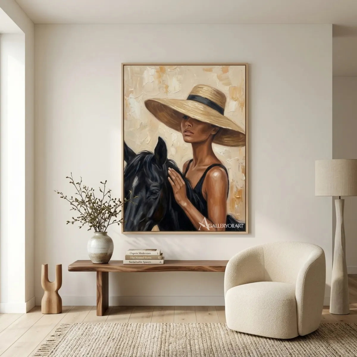 Woman-in-a-wide-brimmed-hat-with-a-black-horse-portrait-art-displayed-in-a-gallery-interior-with-warm-brown-tones