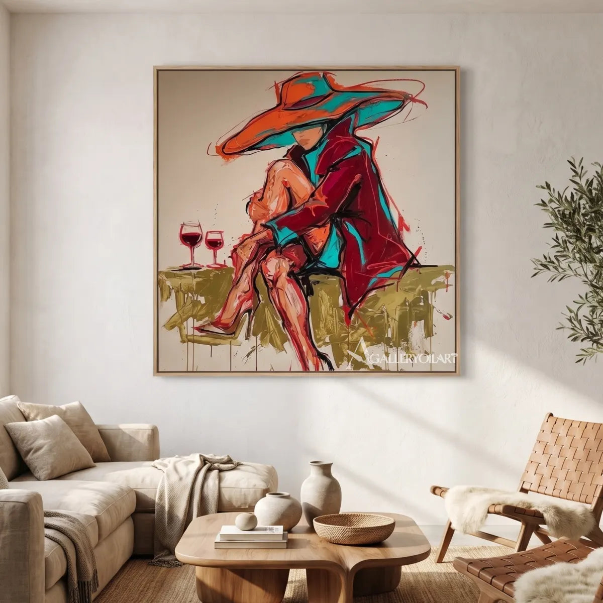 Pop-Art-wide-hat-aperitif-in-a-contemporary-gathering-space-with-orange-and-turquoise-brushwork