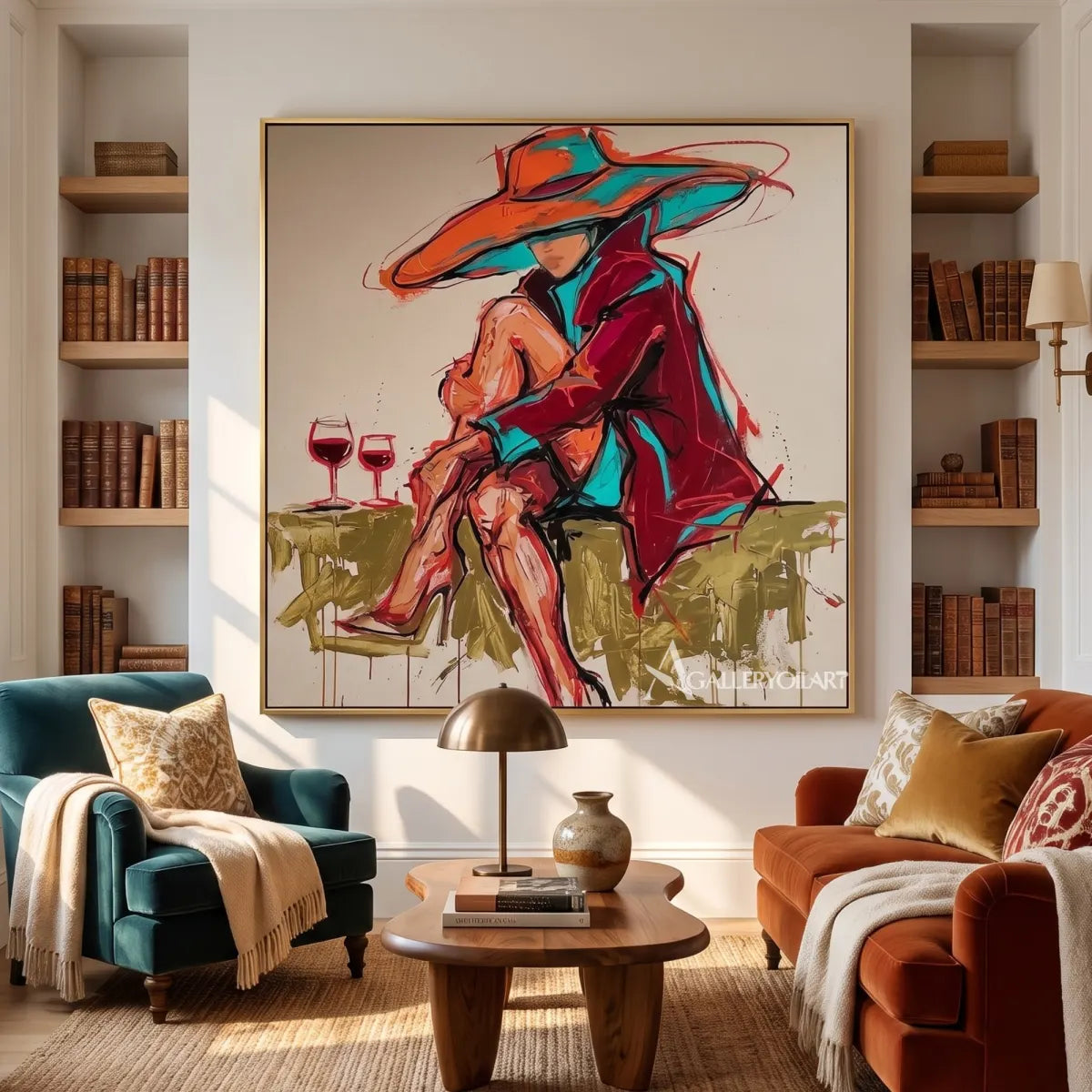 Pop-Art-wide-hat-aperitif-in-a-private-lounge-with-orange-and-turquoise-brushwork