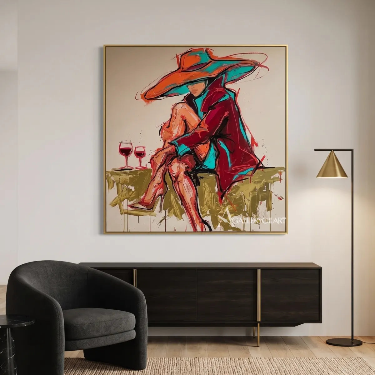 Pop-Art-wide-hat-aperitif-in-a-minimalist-architectural-interior-with-orange-and-turquoise-brushwork