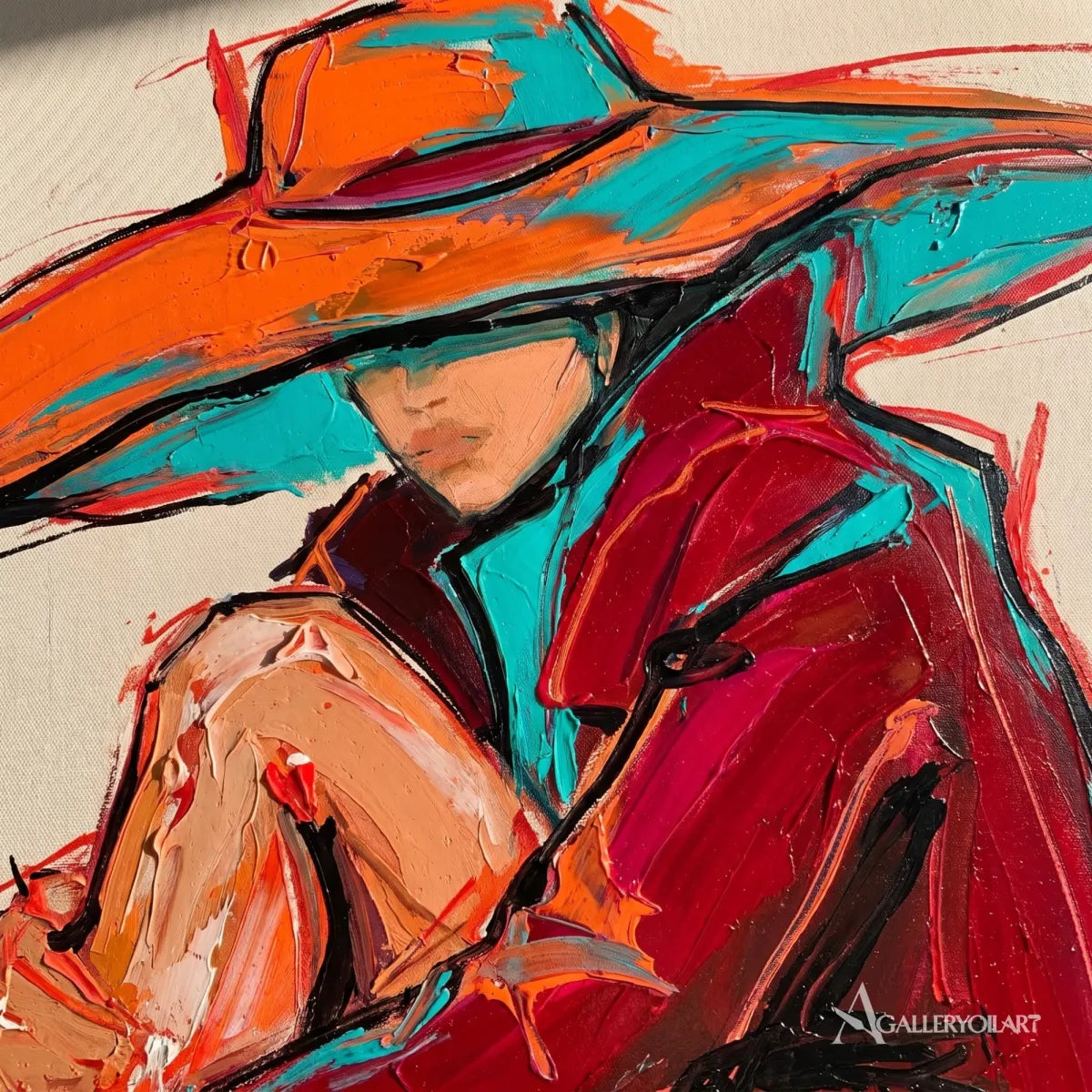 Pop-Art-wide-hat-aperitif-close-up-with-orange-and-turquoise-impasto-brushwork