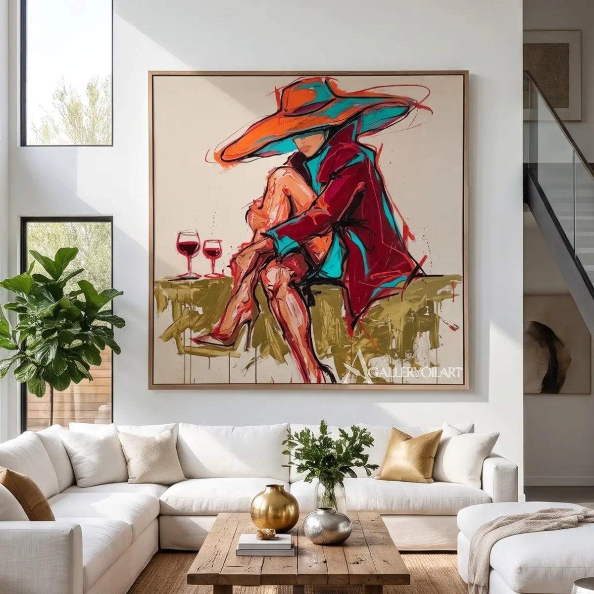 Pop-Art-wide-hat-aperitif-in-a-contemporary-double-height-room-with-orange-and-turquoise-brushwork