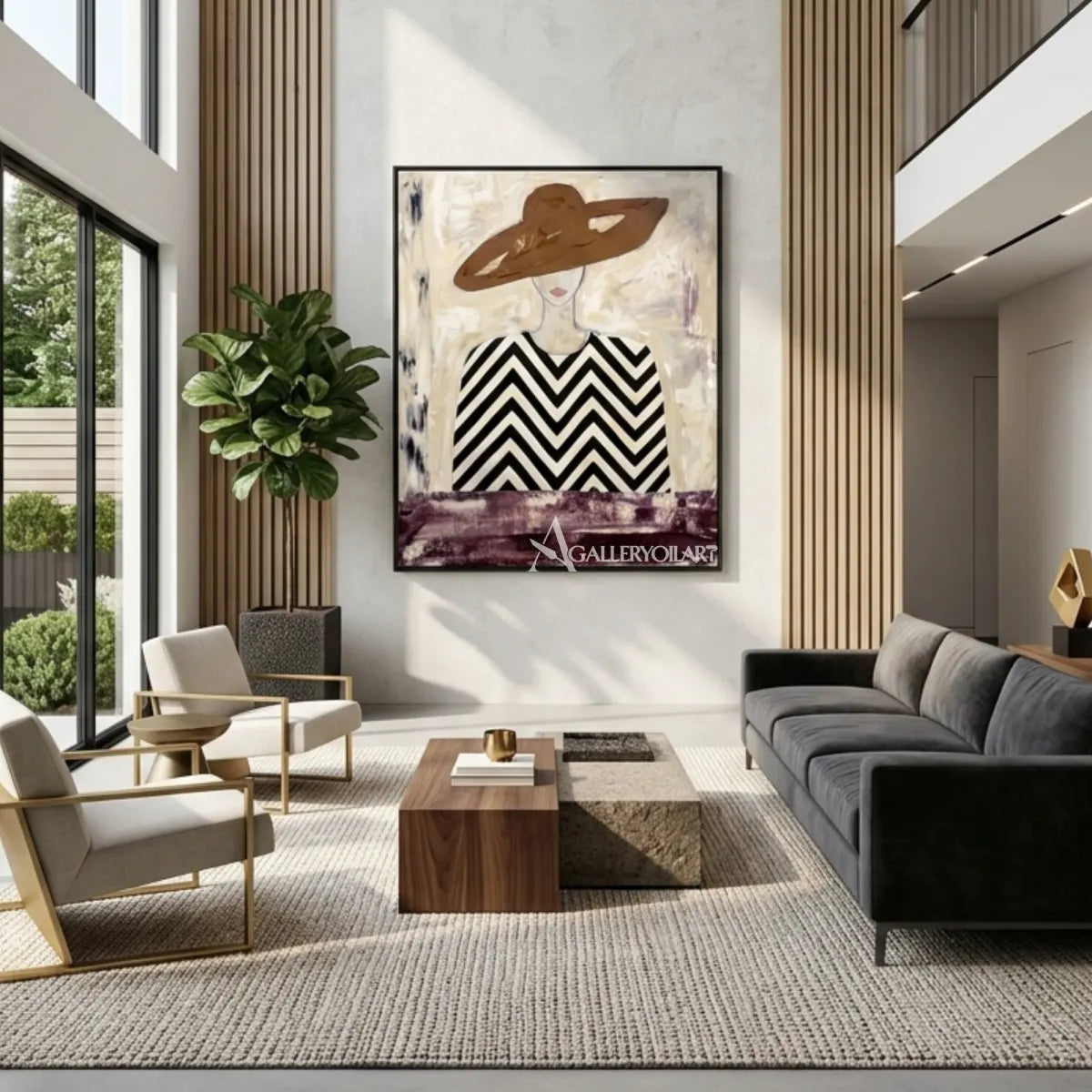 Woman-in-wide-hat-and-chevron-patterned-blouse-portrait-art-in-a-contemporary-living-room