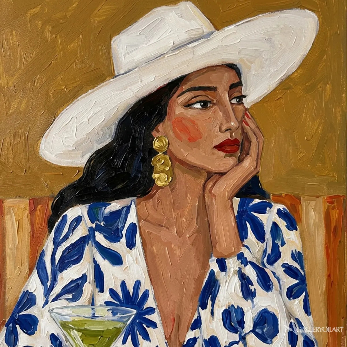 woman-in-wide-brimmed-hat-portrait-art-blue-wall-art-minimalist-room